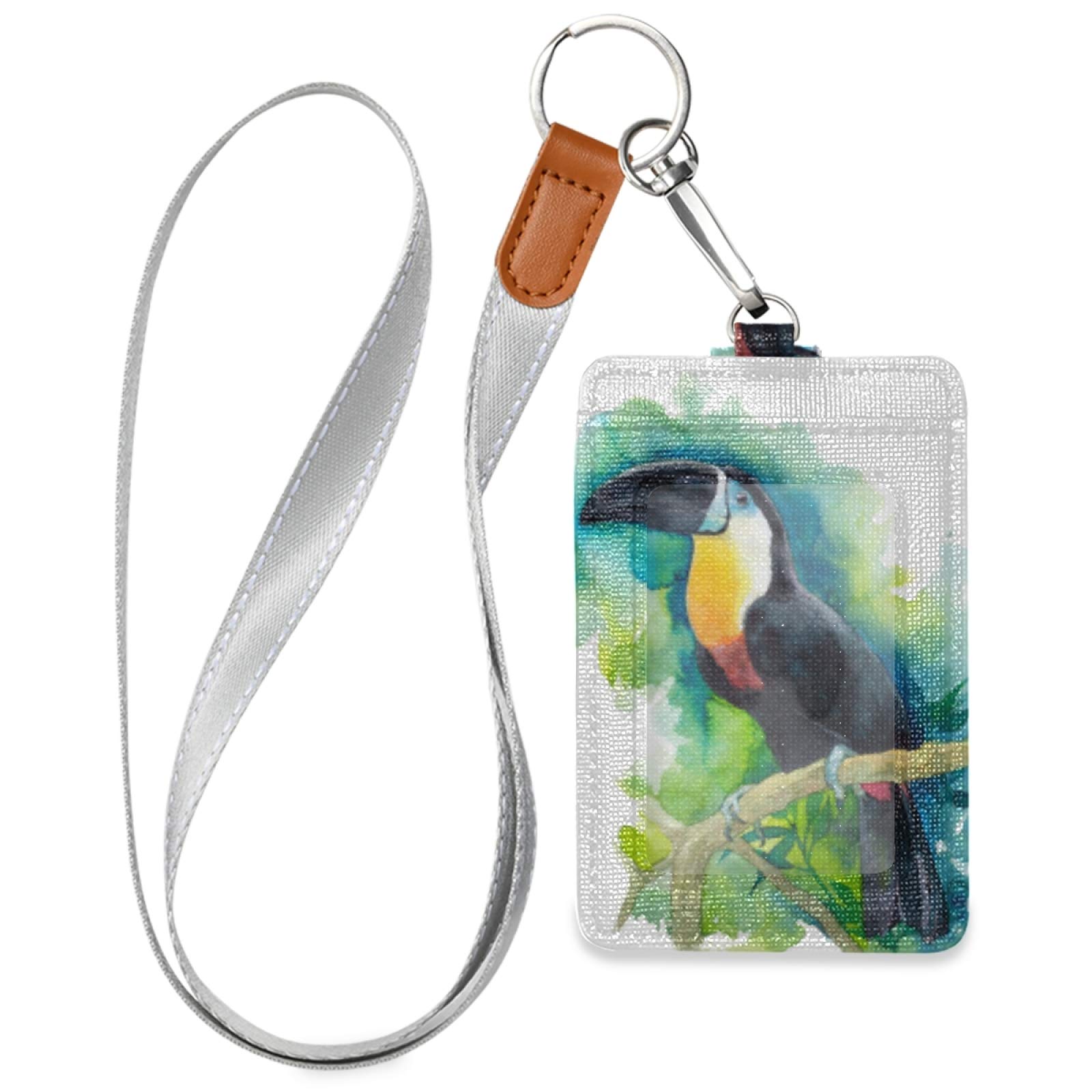 Vertical Leather ID Badge Holder with Lanyard - Watercolor Toucan Design for Office & School Staff