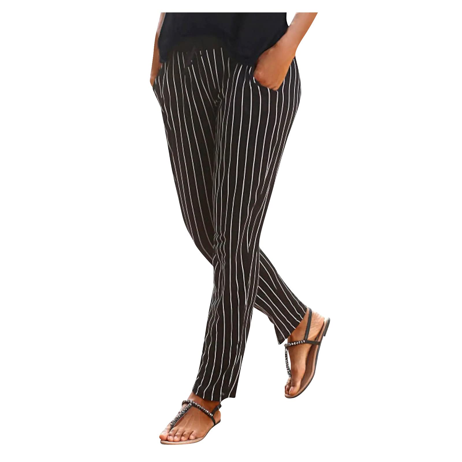 Boho Printed Linen Pants for Women - High Waist Beach Trousers with Pockets, Plus Size Comfortable Long Pants (Black, Medium) - Perfect for Summer Vacations, Beach Outings and Casual Wear