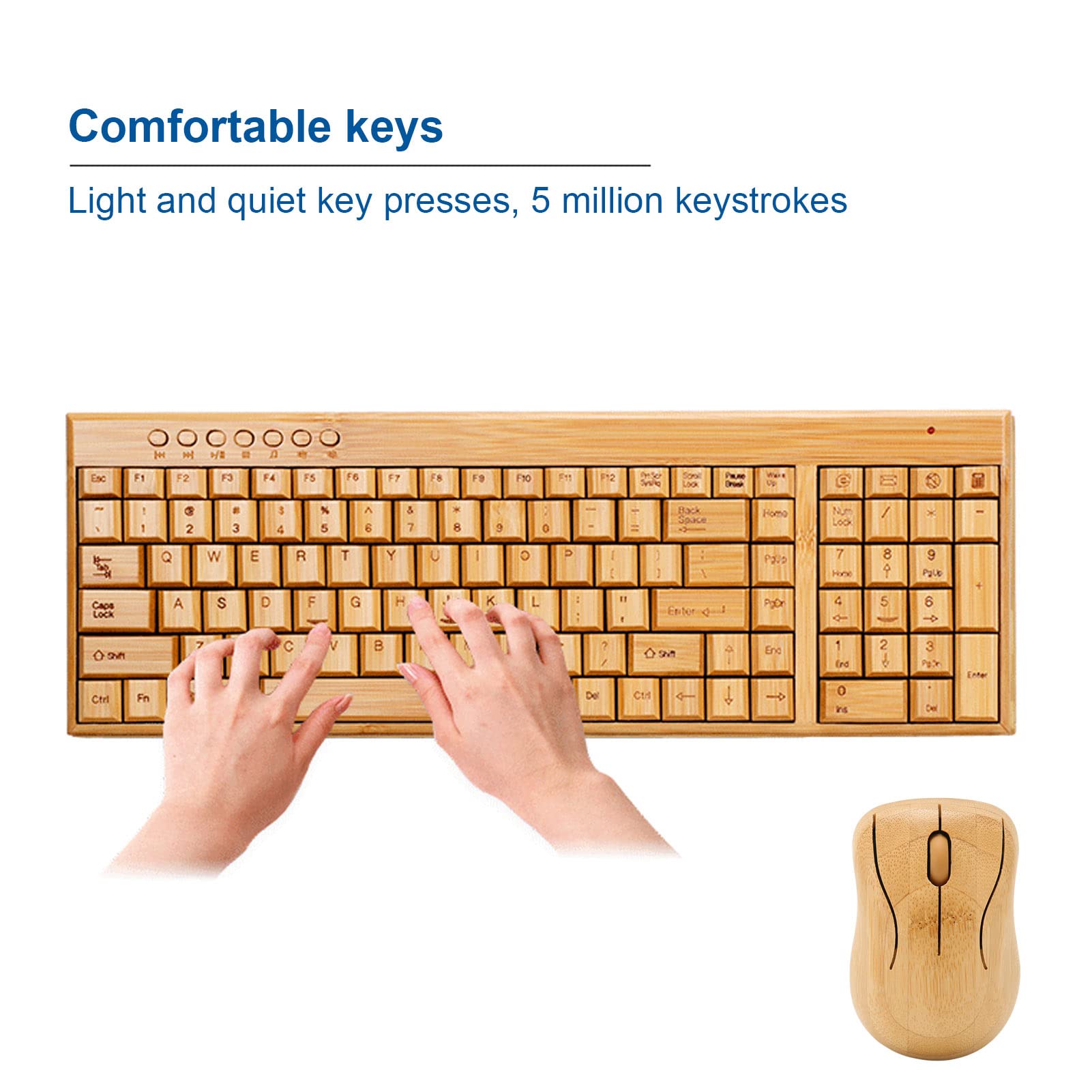 ASHATA Wireless Keyboard and Mouse Combo - Bamboo Wood Material, 2.4G Wireless Connection for PC & Laptop - Ergonomic Office & Home Use, Gaming, Typing