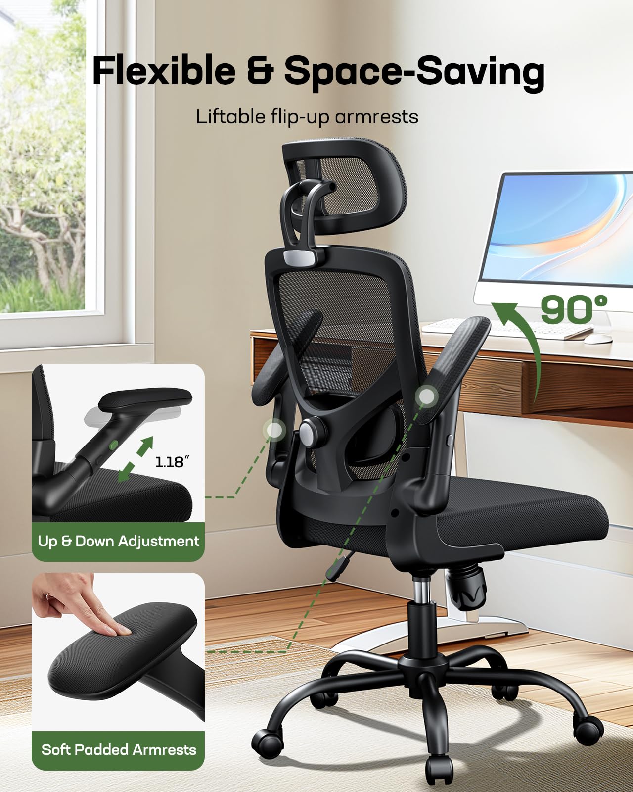 Marsail Ergonomic Mesh Office Chair - High Back Computer Desk Chair with Adjustable Lumbar Support & Headrest, Flip-Up Arms, Swivel Base - Perfect for Big and Tall Professionals - Ideal for Home Office, Gaming, and Long Work Sessions