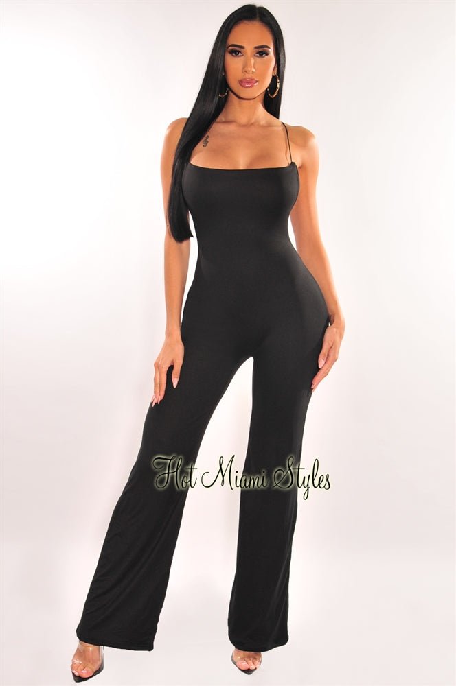 Black Elastic Straps Crisscross Palazzo Jumpsuit for Women - Comfortable Wide Leg Romper with Adjustable Waist - Perfect for Summer, Beach, and Casual Outings