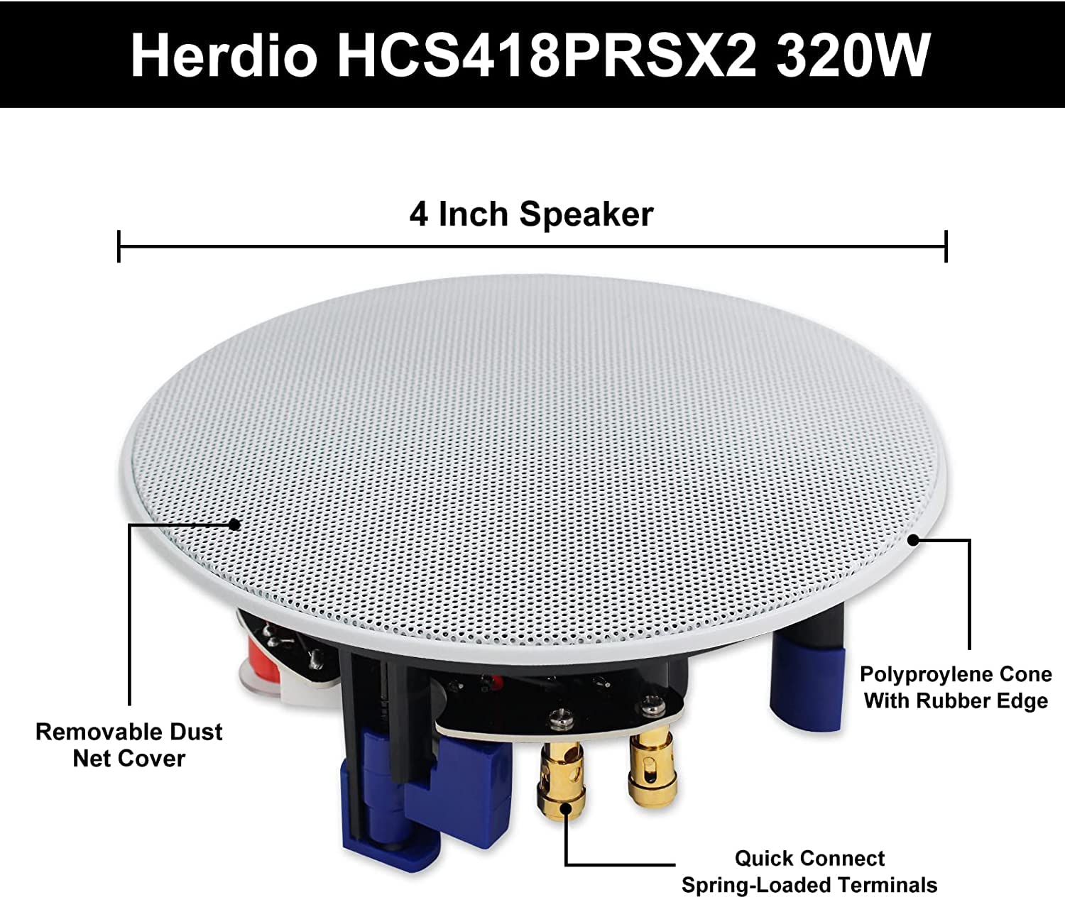 Herdio 320 Watts 2-Way Flush Mount Ceiling Speakers (4 Inches, Set of 4) - Perfect for Bathroom, Kitchen, Living Room & Office - High-Quality Sound for Home Theater, Background Music & Multi-Room Audio Systems