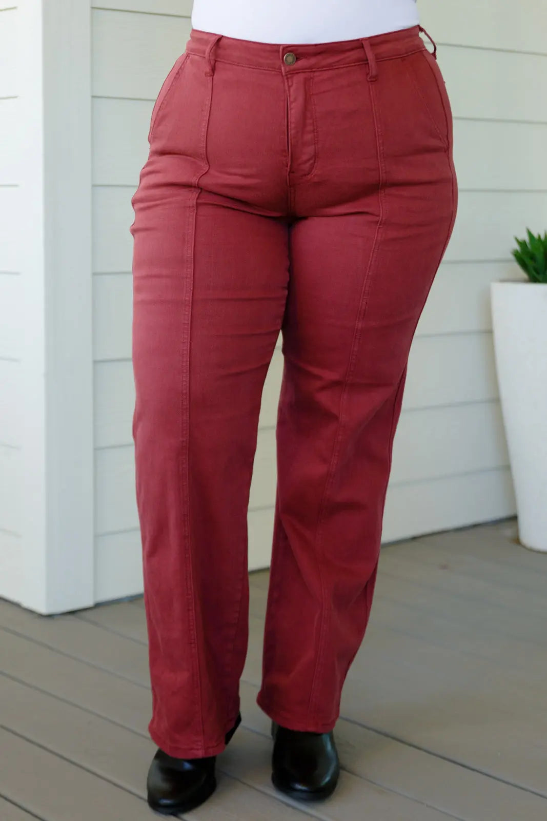 Phoebe High Rise Front Seam Straight Jeans in Burgundy - Women's Slim Fit Stretch Denim Pants for Casual Wear & Everyday Outfits