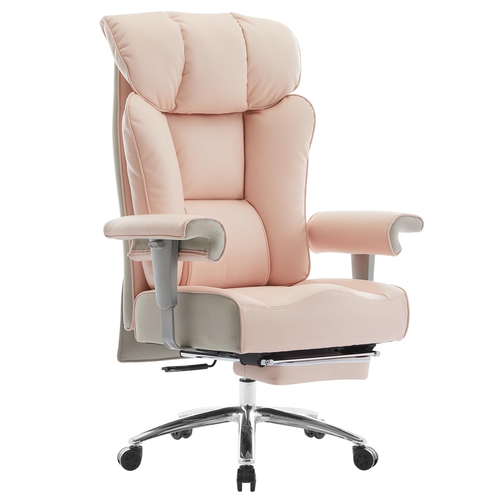 Efomao Big and Tall Office Chair 450lbs - Heavy Duty Ergonomic Executive Computer Chair with Footrest & High Back - Premium PU Leather Pink Office Chair for Home & Office Workspaces