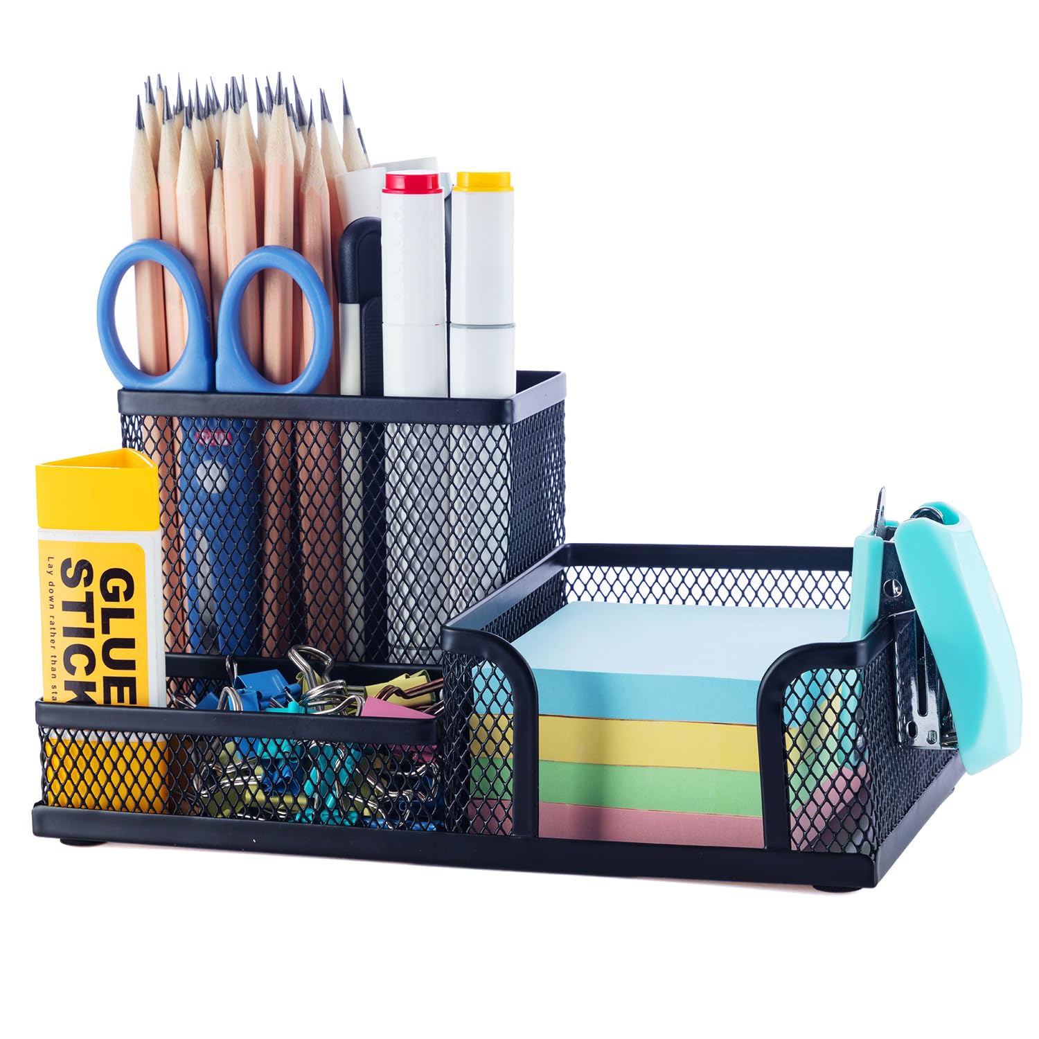 M&G Mesh Pen Holder Desk Organizer - Black Metal Pencil Holder with 3 Compartments & Sticky Notes Holder for Office, School, Home - Perfect for Organizing Pens, Pencils, Clips & Office Supplies on Your Desk