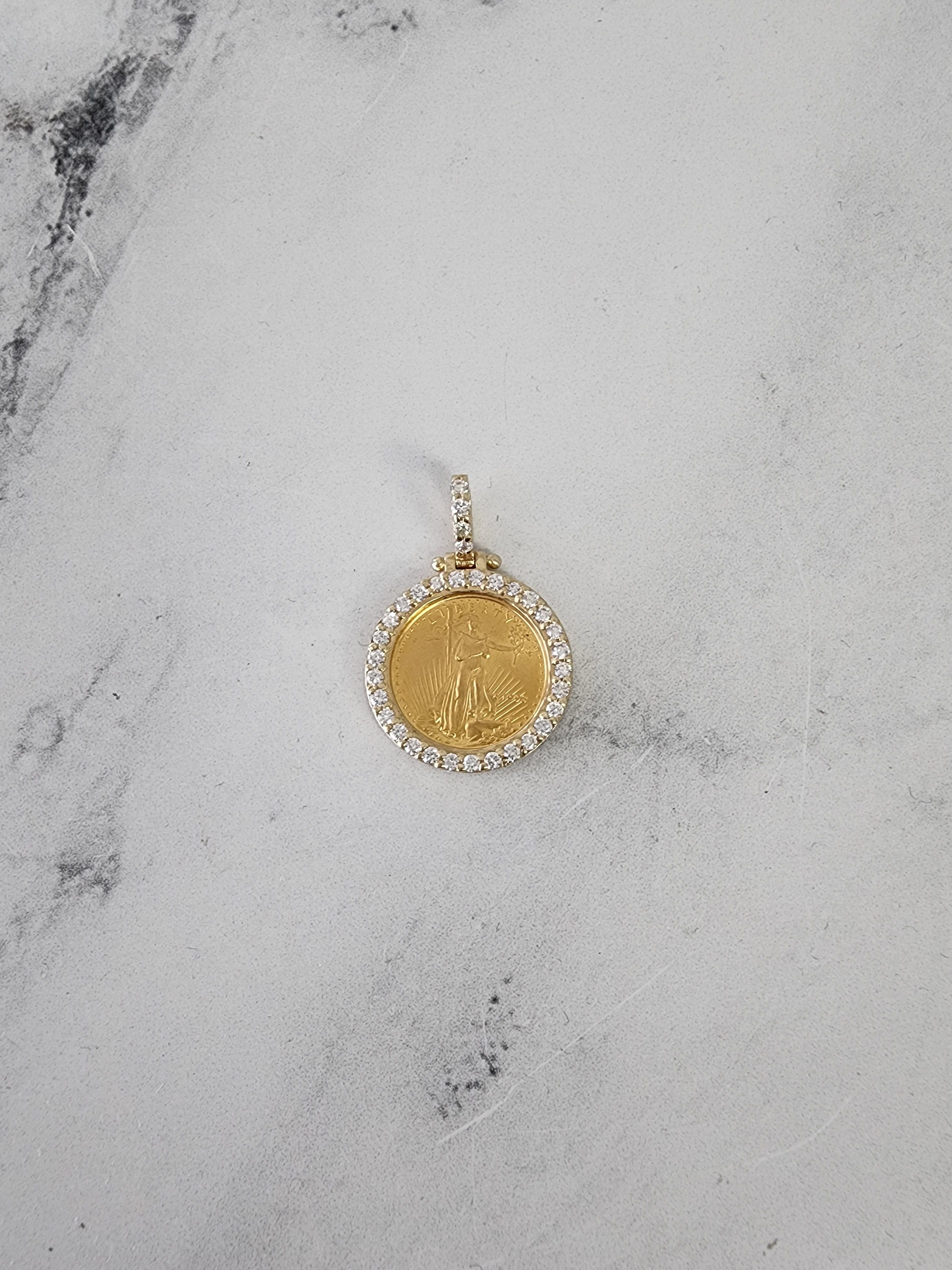 1/10OZ 14K Gold Shared Prong Diamond Halo Necklace with Lady Liberty Pendant - Elegant Jewelry Gift for Women, Perfect for Anniversaries & Special Occasions