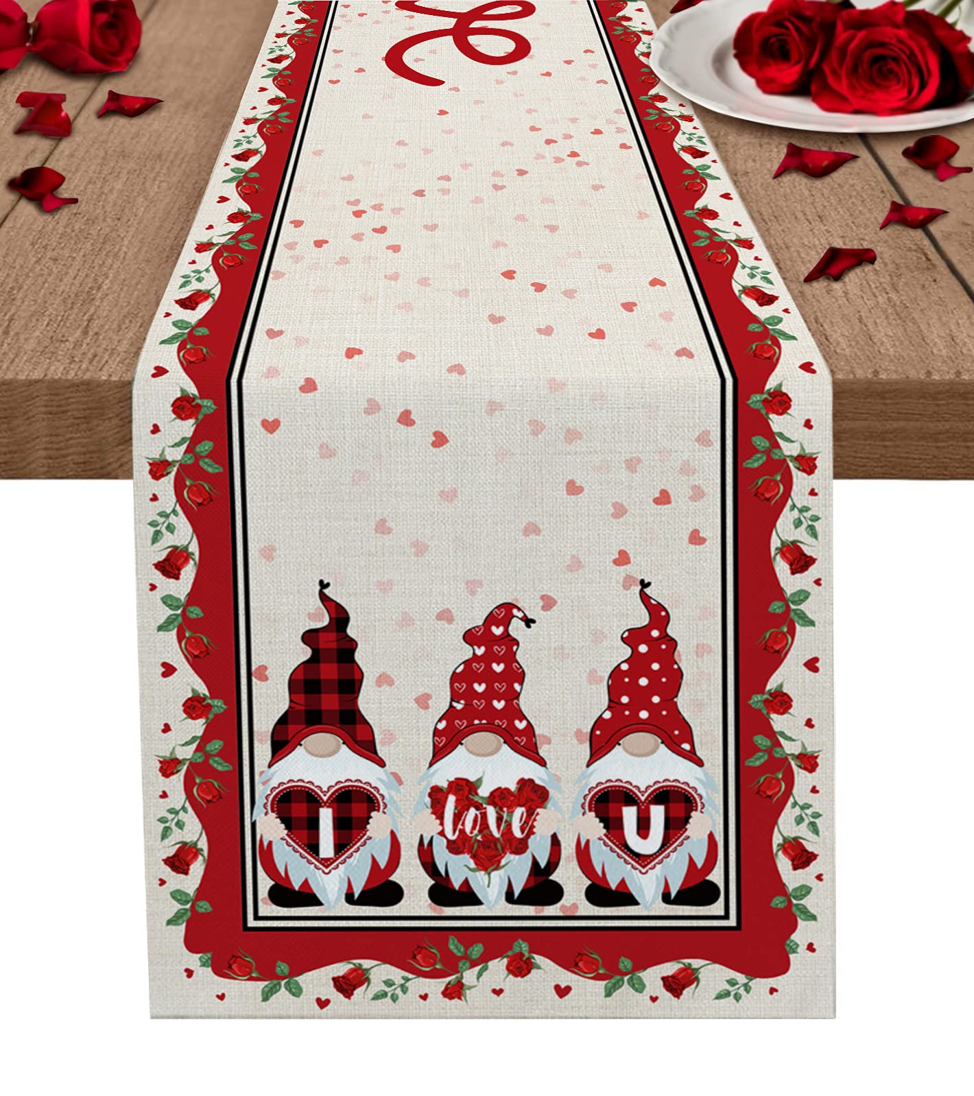 72 Inch Long Linen Table Runner with Valentine's Day Gnome & Heart Design - Elegant Kitchen & Dining Table Decor for Parties, Weddings, Home Decor (13x72 Inches) - Perfect for Romantic Dinners, Holiday Celebrations & Special Occasions