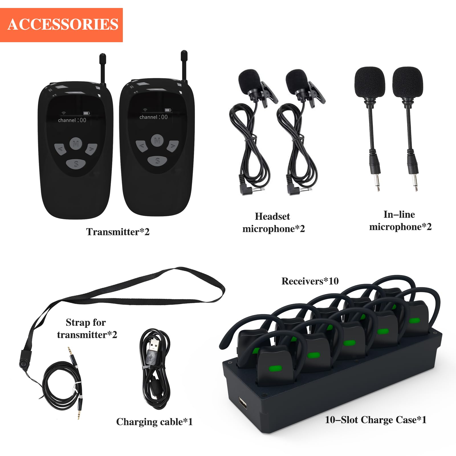 Wireless Tour Guide System - 2 Transmitters & 10 Receivers with 10-Slot Charging Case | Portable Audio Guide Headset for Museums, Factories, Guided Tours & Sightseeing | Ideal for Group Tours, Educational Field Trips & Large Venue Events