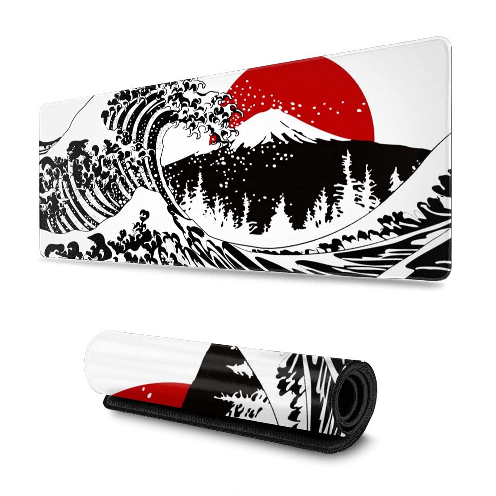 Japanese Wave Red Sun Gaming Mouse Pad XL - Black & White Extended Large Mouse Mat with Stitched Edges (31.5