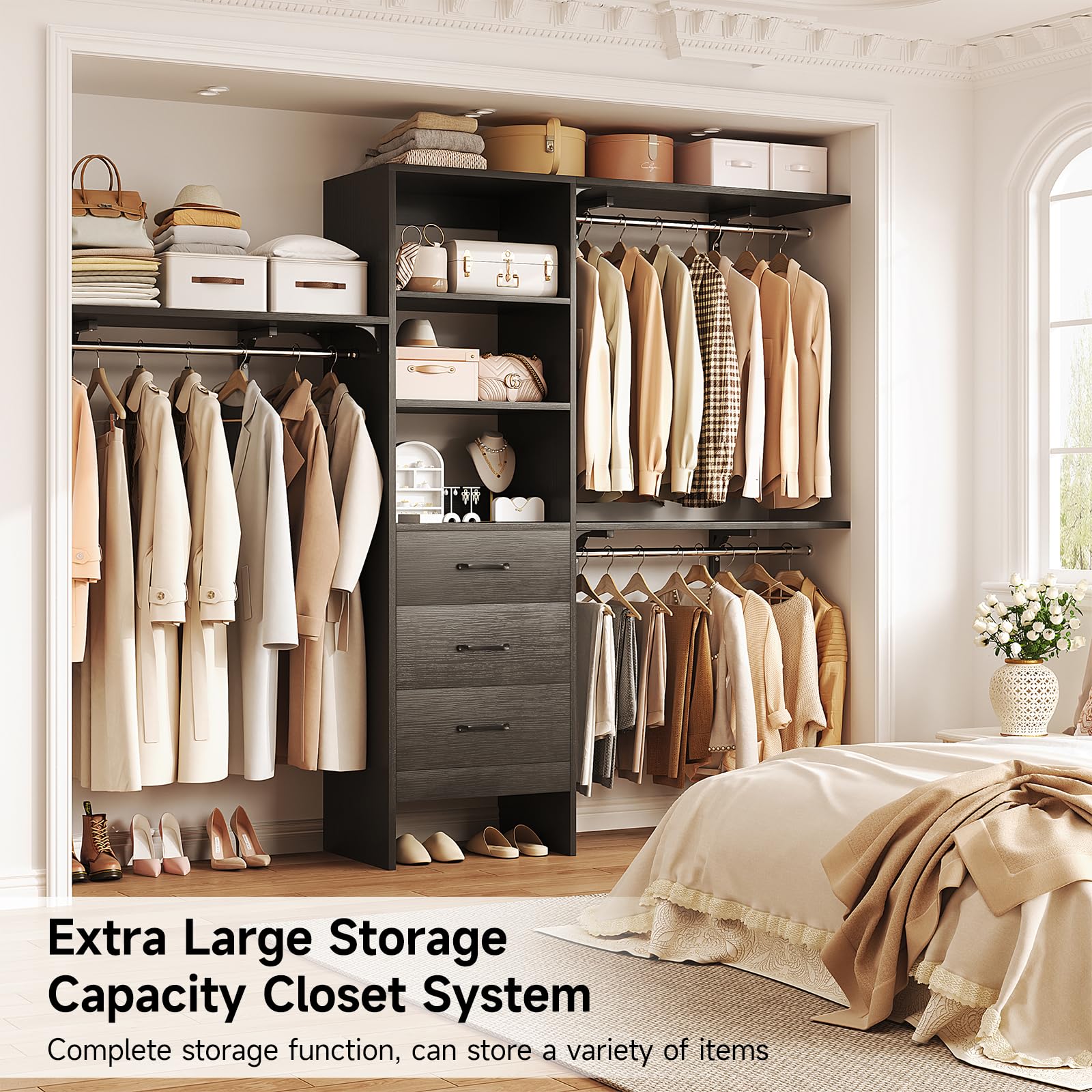 96 Inch Heavy Duty Walk-In Closet Organizer System - 8FT Closet with 3 Adjustable Shelves, 3 Hanging Rods & 3 Drawers - Built-In Garment Rack Supports 1000LBS (96