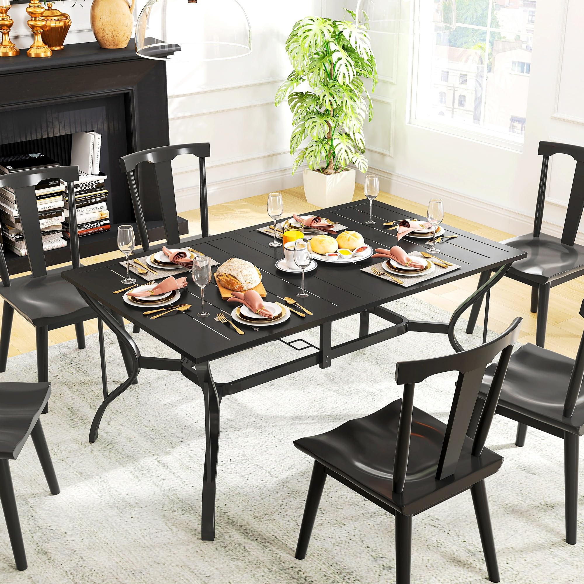 Outsunny 6-Person Outdoor Dining Table - Black Steel Rectangular Patio Table with Umbrella Hole - Durable Garden & Balcony Furniture for BBQ, Poolside Gatherings & Backyard Entertaining