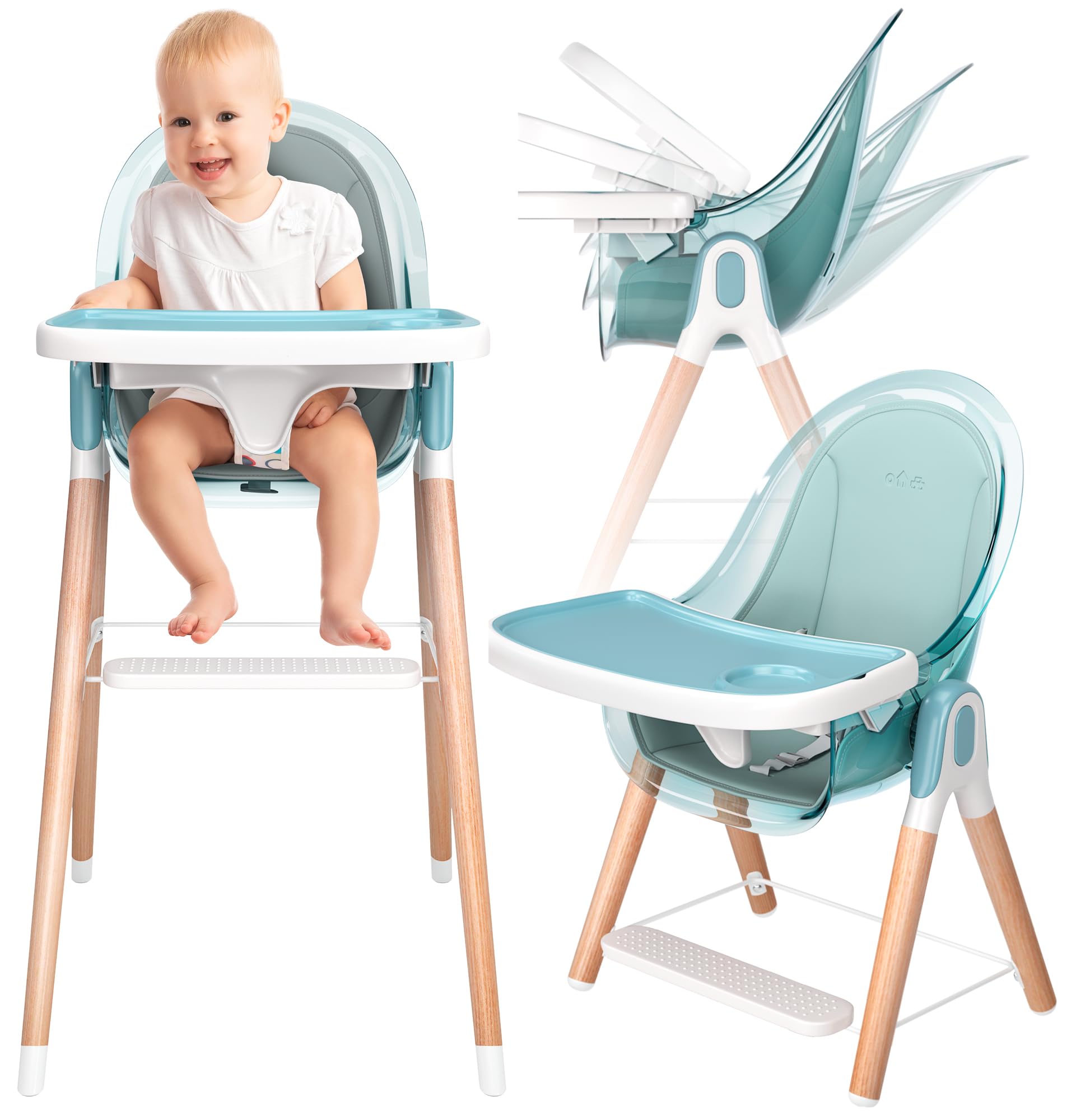 6-in-1 Deluxe Wooden High Chair for Babies & Toddlers - Modern, Safe & Compact Baby Highchair with Removable Tray & Cushion - Easy to Clean & Assemble - 3 Seat Positions & 2 Height Adjustments - Perfect for Dining, Feeding & Playtime at Home or Restaurant