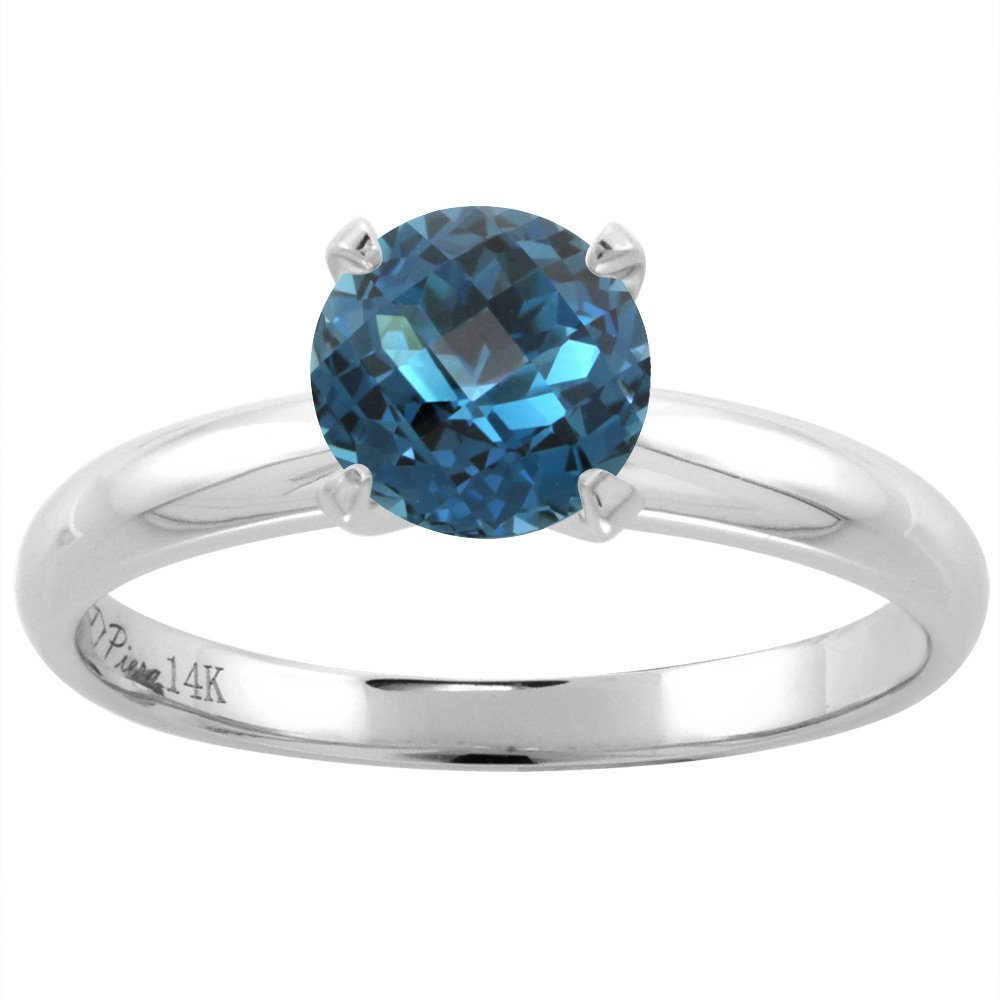 14K White Gold Natural London Blue Topaz Solitaire Engagement Ring for Women - Round 7mm, Size 5-10 - Perfect for Proposals, Weddings & Anniversary Gifts