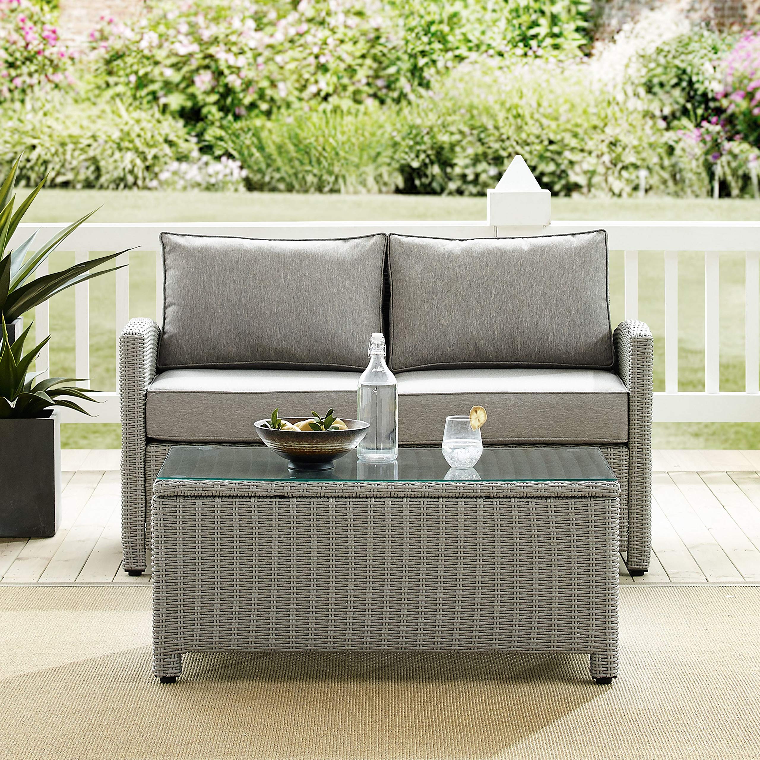 Crosley Bradenton 3-Piece Outdoor Wicker Loveseat Set with Gray Cushions - Patio Furniture Conversation Set for Porch, Garden & Backyard Relaxation