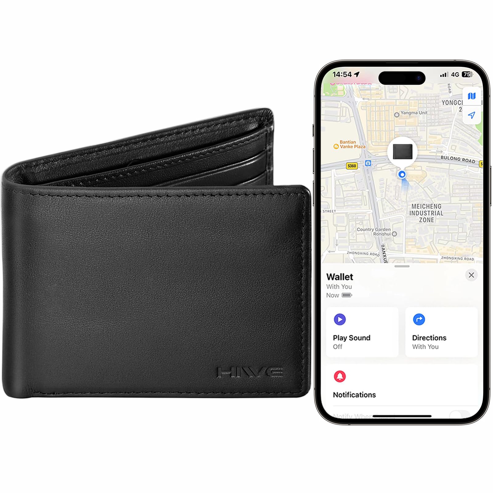 HiWe RFID Blocking Slim Bifold Genuine Leather Wallet for Men with Rechargeable Find My Tracker - Original Design (Black, Not for Android) | Perfect for Travel, Business & Everyday Carry