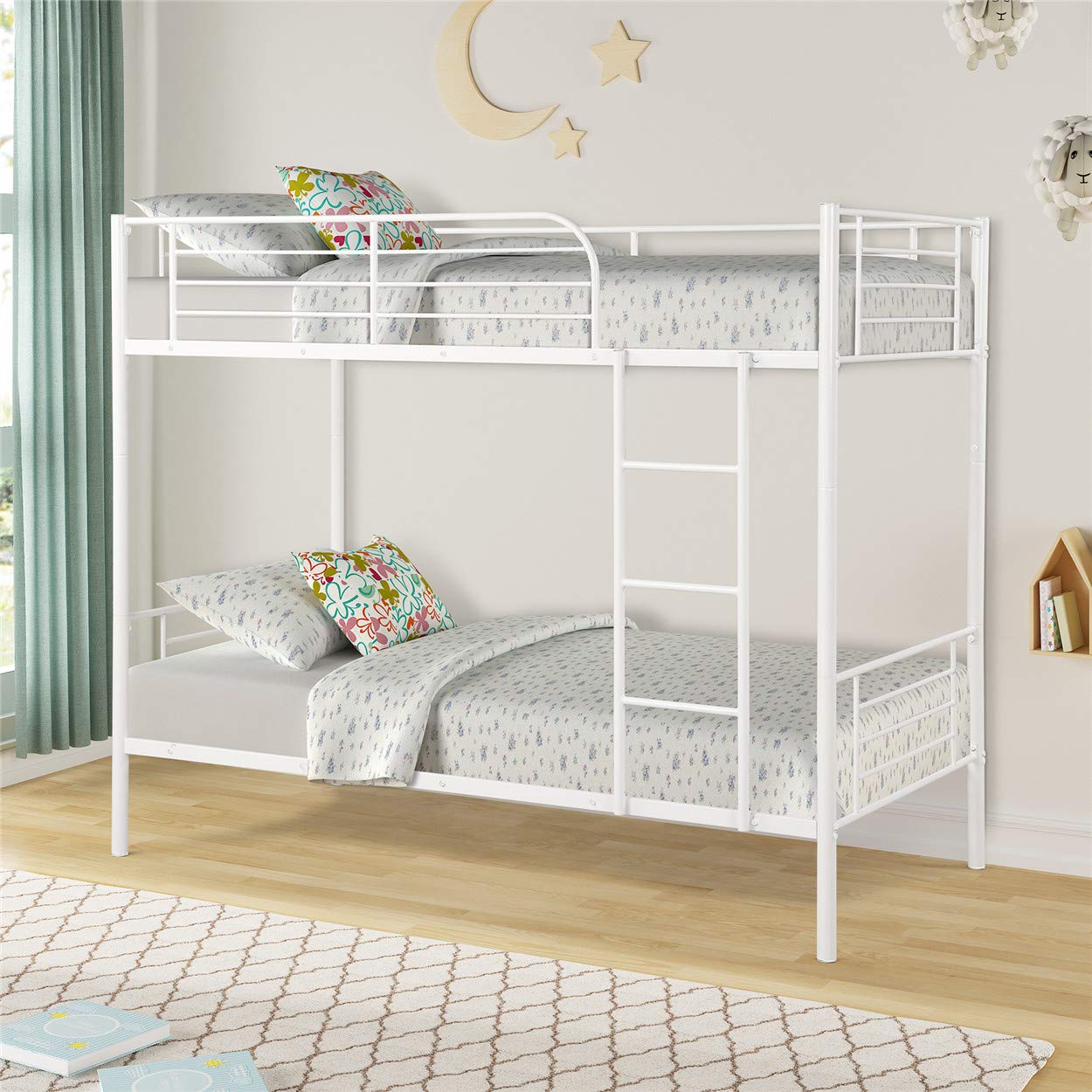 Sturdy Metal Twin Over Twin Bunk Bed Frame with Ladder & Safety Rail - No Box Spring Required (White) | Space-Saving Kids Bedroom Furniture for Siblings or Sleepovers