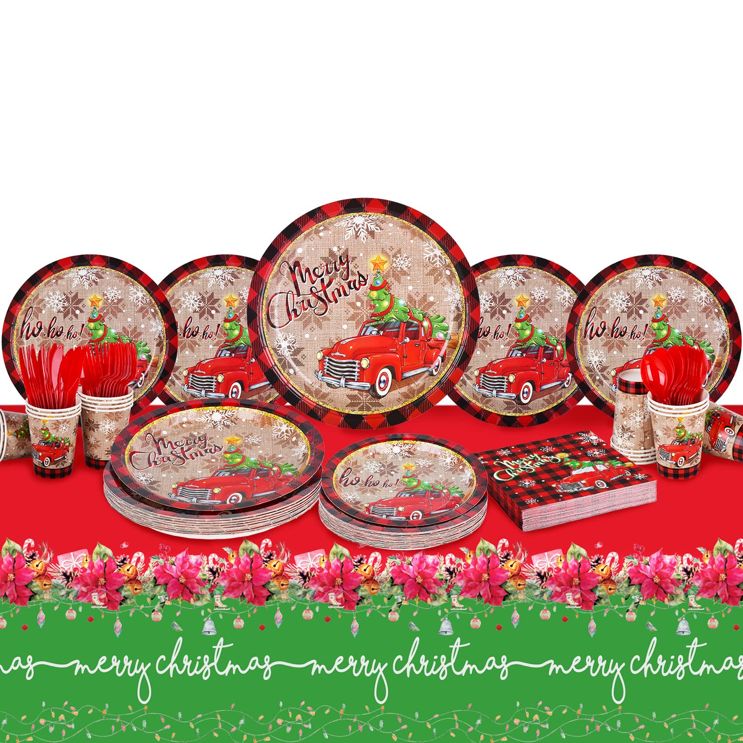 Disposable Christmas Party Supplies Set - 25-Piece Paper Plates, Napkins, Cups, Cutlery & Tablecloth for Holiday Decorations - Perfect for Christmas Dinner, Office Parties & Festive Gatherings