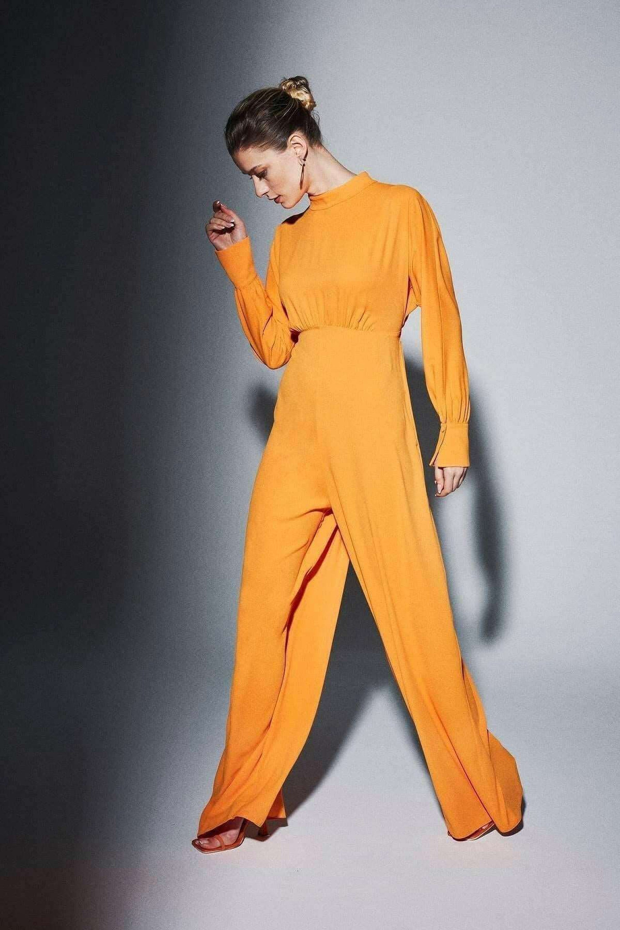 Elegant Draped Gathered High Waist Jumpsuit in Orange - Modest Women's Romper for Casual Wear, Parties & Special Occasions
