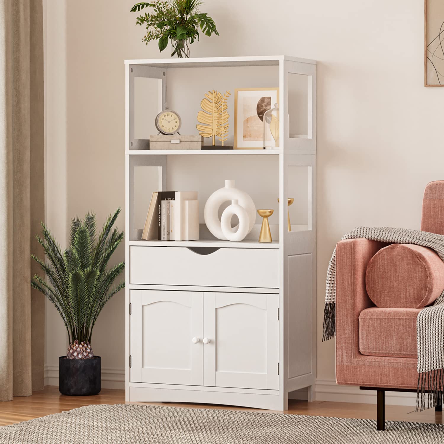 White Sideboard Storage Cabinet with 2 Open Shelves, 1 Drawer & Cupboard - Kitchen Pantry Organizer with Microwave Space, Freestanding Floor Cabinet for Bathroom, Living Room & Bedroom - Perfect for Home Storage, Bookshelf & Display Unit