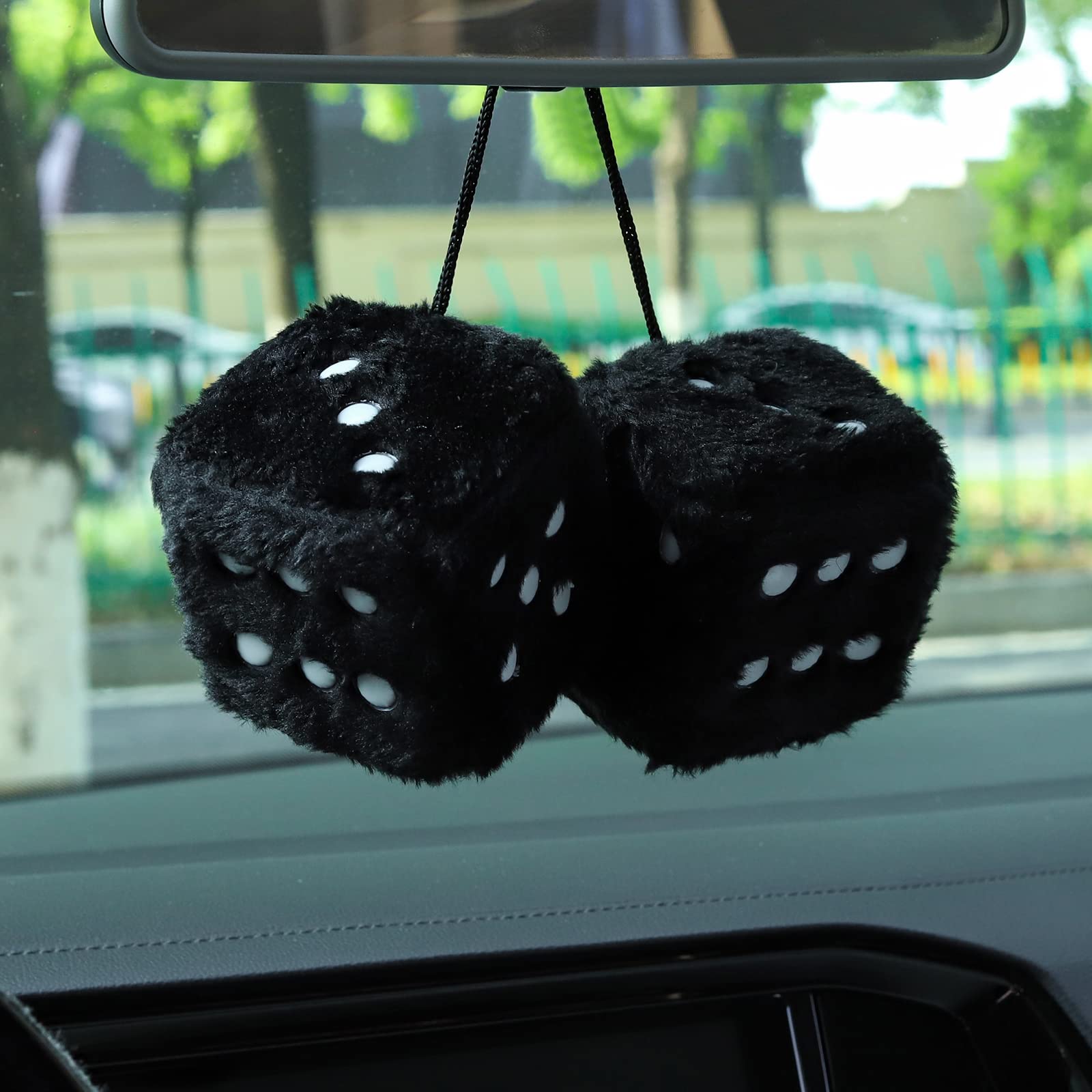 Soft Plush Fuzzy Dice Car Hanging Ornament - White with Black Dots, Cute Car Rear View Mirror Decor, Cozy Car Accessories for Interior Styling & Road Trip Vibes