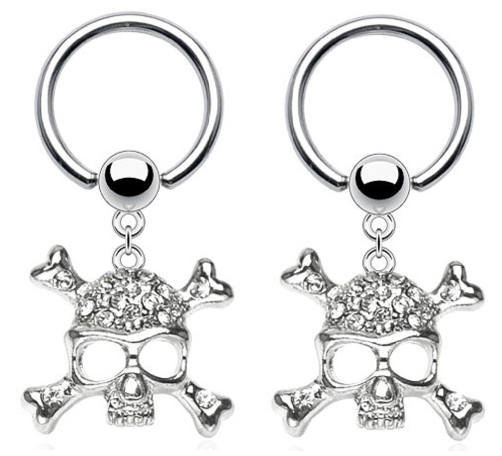 Body Accentz® 16G Nipple Ring Dangle Skull Captive Bead Body Jewelry Pair - Gothic Punk Body Piercing Jewelry for Men & Women - Perfect for Parties, Concerts and Alternative Fashion