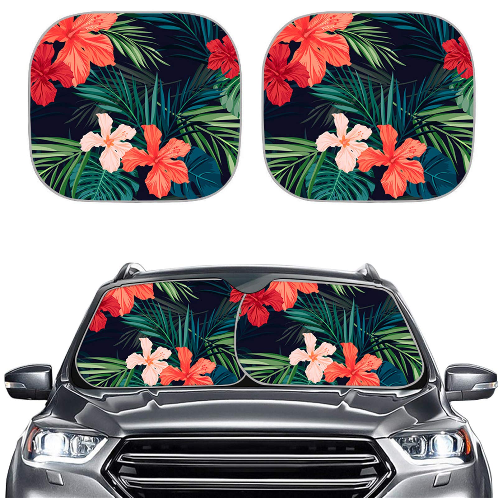 Belidome 2-in-1 Car Windshield Sun Shade with Hawaiian Hibiscus Design - UV Protection for Dashboard & Interior - Perfect for Summer Parking & Road Trips