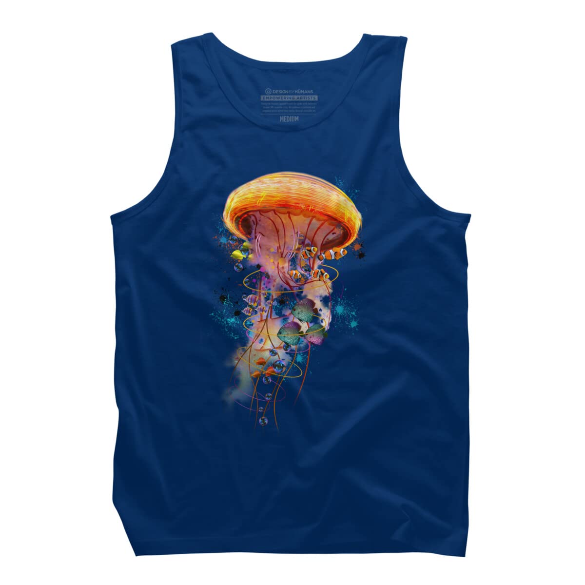 Electric Jellyfish World Men's Graphic Tank Top by David Loblaw | Soft Cotton Casual Tee for Summer Beach, Music Festivals & Streetwear