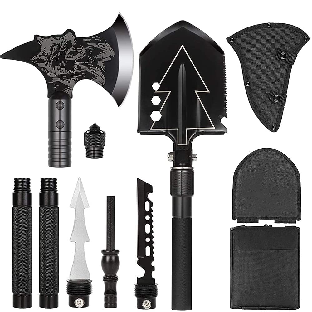 CASAVIDA Camping Shovel and Axe Set - Military Survival Kit with Folding Tactical Shovel, Camping Axe & Sheath | Portable Outdoor Tools for Camping, Hiking, Backpacking & Emergency Preparedness