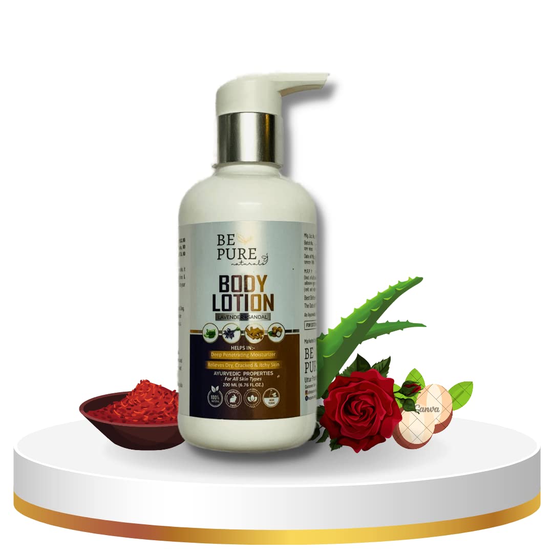 Be Pure Naturals Sandalwood & Lavender Body Lotion - Ultra Light Moisturizer for Smooth, Acne-Free Skin - 200ml Hydrating Lotion for Daily Use, Dry Skin Relief & Relaxation Therapy