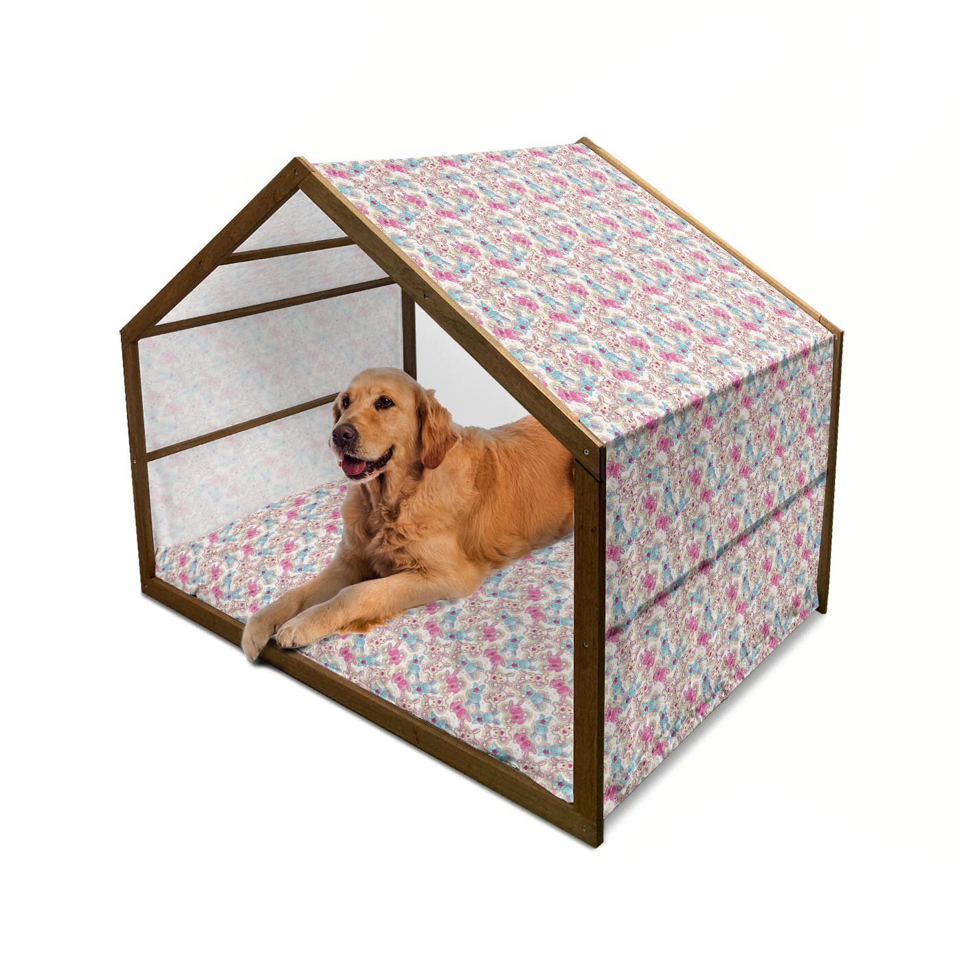 Ambesonne Anime Wooden Dog House - Colorful Kawaii Character Design with Pink Hearts & Stars - Indoor/Outdoor Portable Pet Kennel with Pillow & Cover - X-Large Size - Perfect for Small to Medium Dogs - Great for Home, Yard, or Travel Use