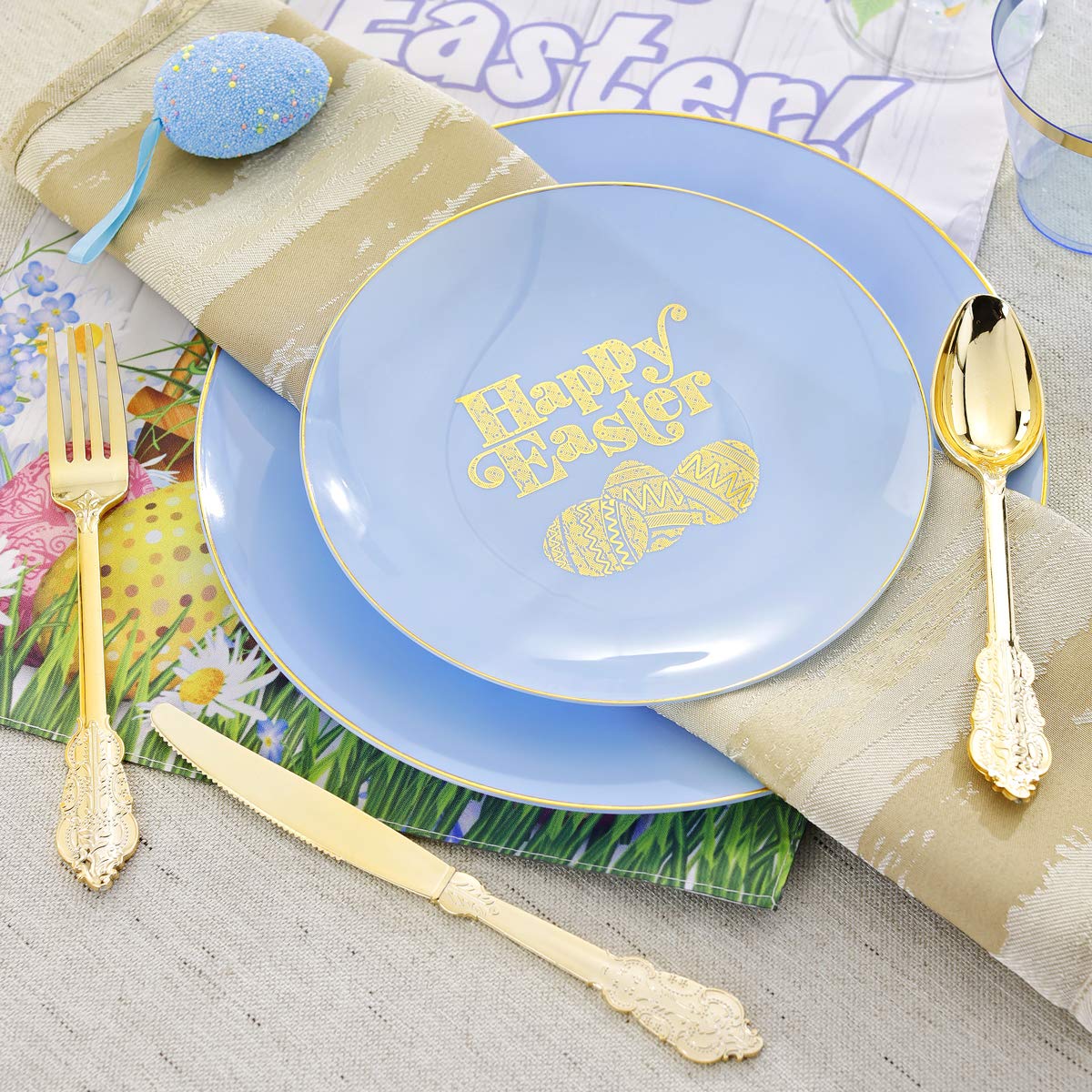 150-Piece Easter Party Tableware Set - Blue & Gold Disposable Plastic Plates, Cutlery & Cups for Easter Egg Hunt, Brunch, and Spring Celebrations