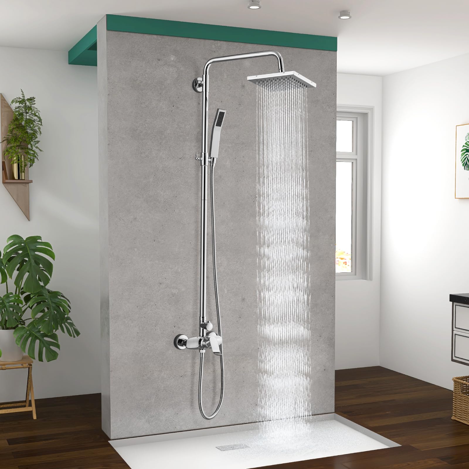Premium Polish Chrome Exposed Shower System - 2 Function Bathroom Shower Set with 8 Inch Square Rainfall Shower Head & Hand Sprayer - Wall Mounted for Luxurious Spa Experience at Home