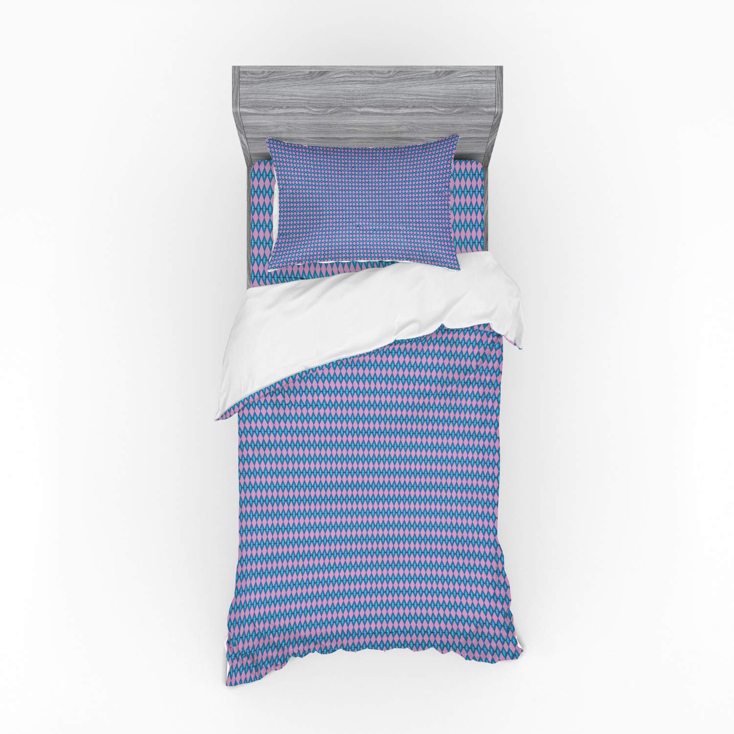 Ambesonne Bohemian Geometric Duvet Cover Set - 3 Piece Twin Size Bedding with Sham & Fitted Sheet - Modern Symmetric Rhombus Pattern in Lilac & Dark Turquoise - Perfect for Guest Rooms, Dorm Decor & Bohemian Style Bedrooms