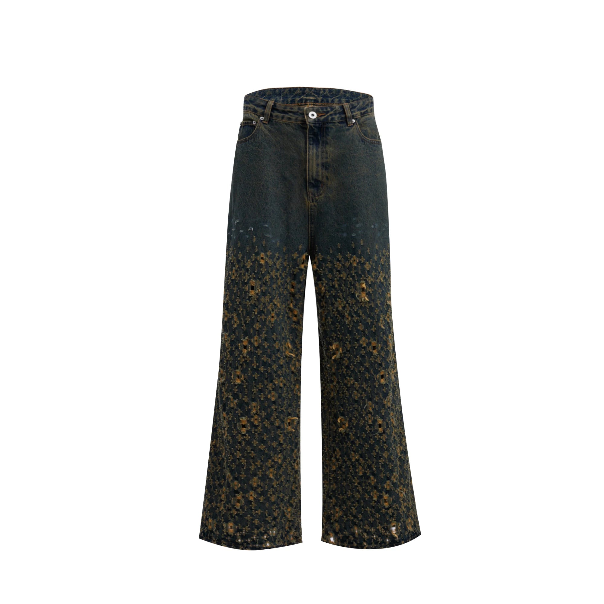 Vintage High Waist Straight Leg Jeans for Men - American Retro Wide Leg Casual Pants with Irregular Hole Design (Style 24E1290) | Perfect for Streetwear, Everyday Fashion & Urban Outfits