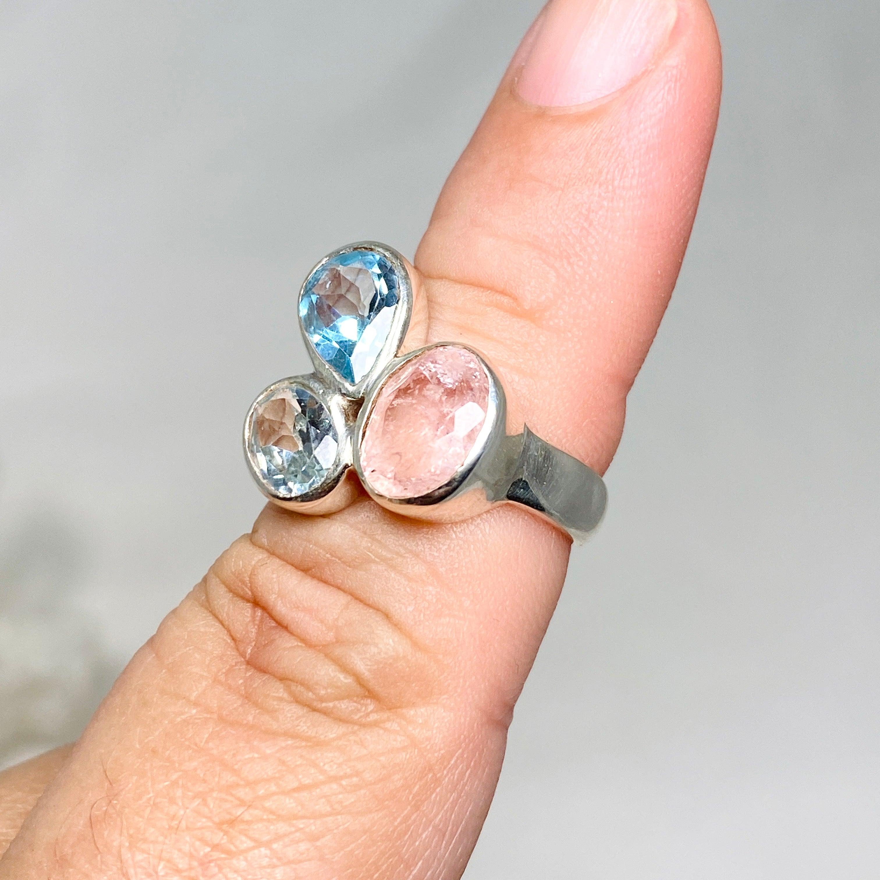 Morganite & Blue Topaz Faceted Multi-Stone Ring - Size 7 | Elegant Birthstone Jewelry for Women | Perfect for Anniversaries, Engagements & Special Occasions