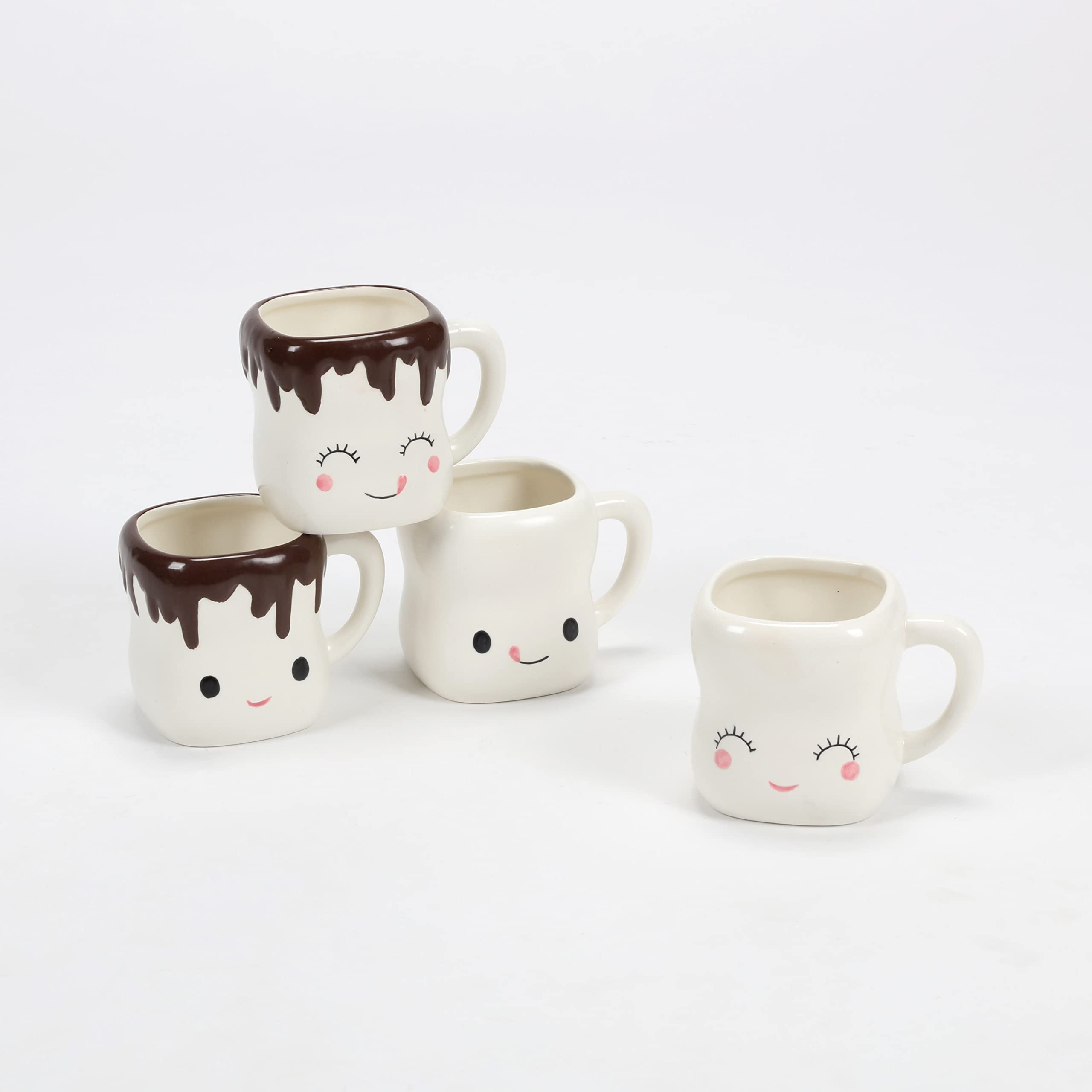 Ceramic Marshmallow Shaped Hot Chocolate Mugs with Handle - Set of 4 - Perfect for Winter Warm Drinks, Coffee, Tea & Hot Cocoa Gifts