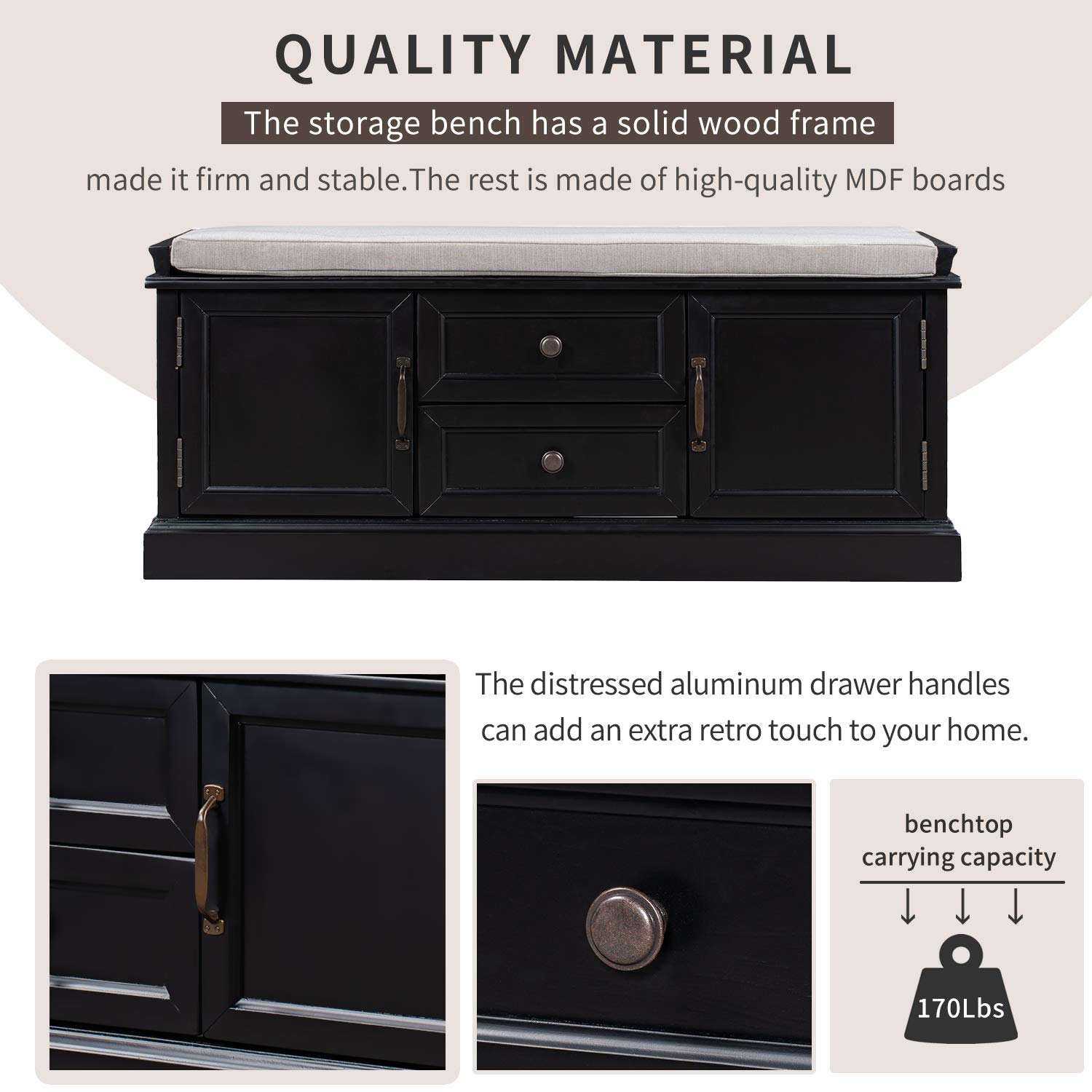 Solid Wood Entryway Bench with Storage - 2 Drawers & 2 Cabinets, Removable Cushion - No Assembly Required - Perfect for Hallway, Living Room, Bedroom - Black (Set of 2) - Ideal for Small Space Organization & Entryway Seating
