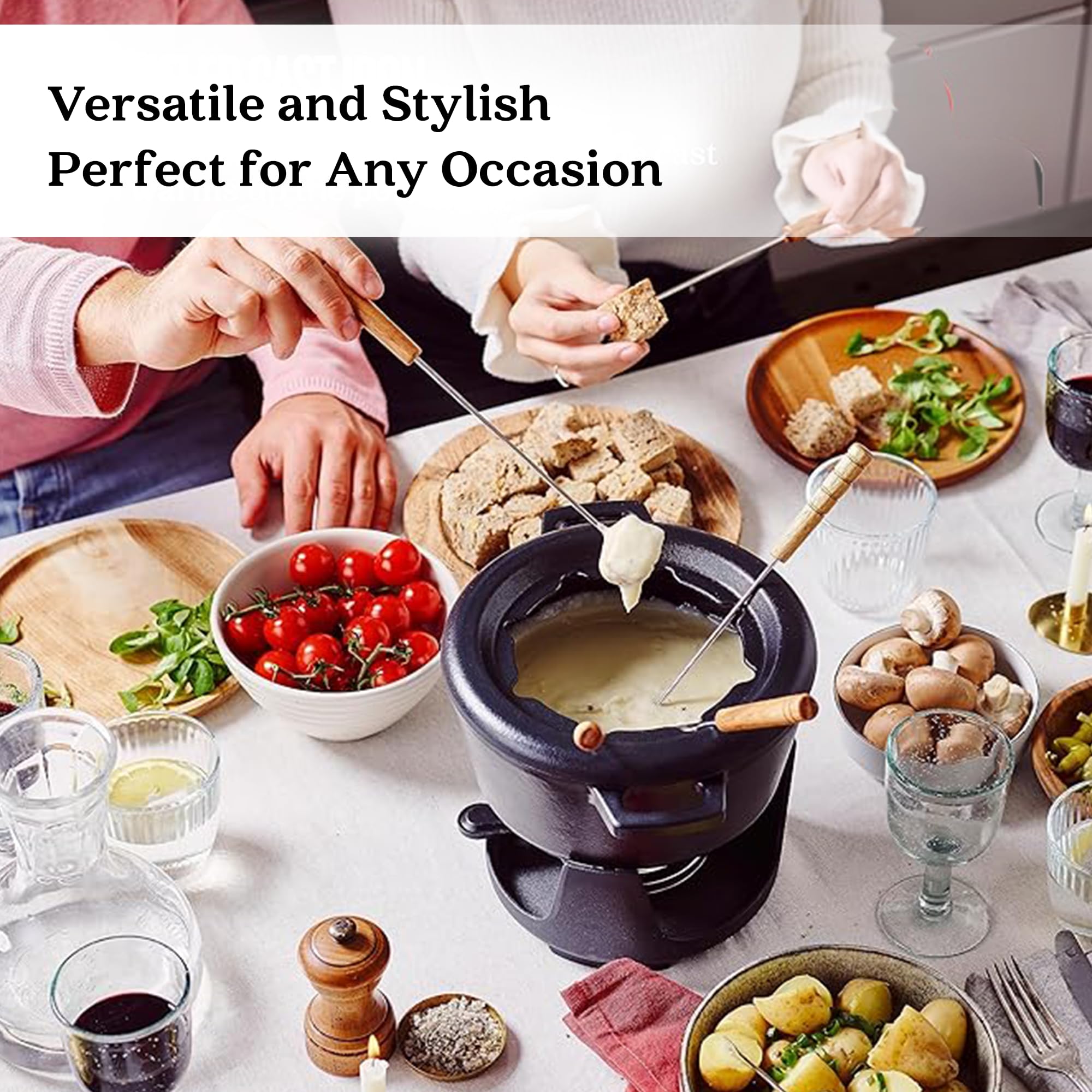 Alva Nori 2 Qt Enameled Cast Iron Fondue Set with 8 Wooden Forks & Adjustable Burner - Non-Toxic Cheese, Chocolate, and S'mores Fondue Pot - PFOA-Free, Easy Clean Melting Pot for Parties, Date Nights, and Family Gatherings