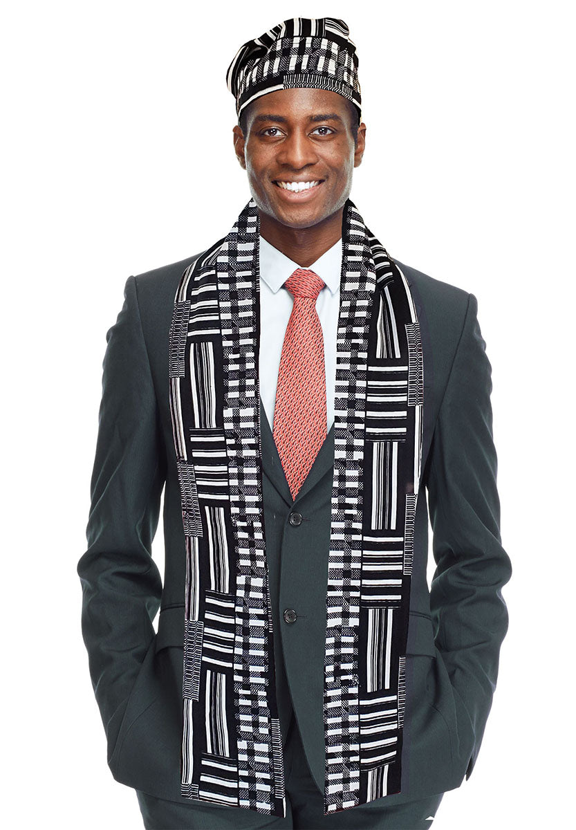 Stylish Black and White Kente African Print Hat & Scarf Set - Traditional African Headwear & Fashion Accessory for Women - Perfect for Cultural Events, Weddings & Afrocentric Outfits