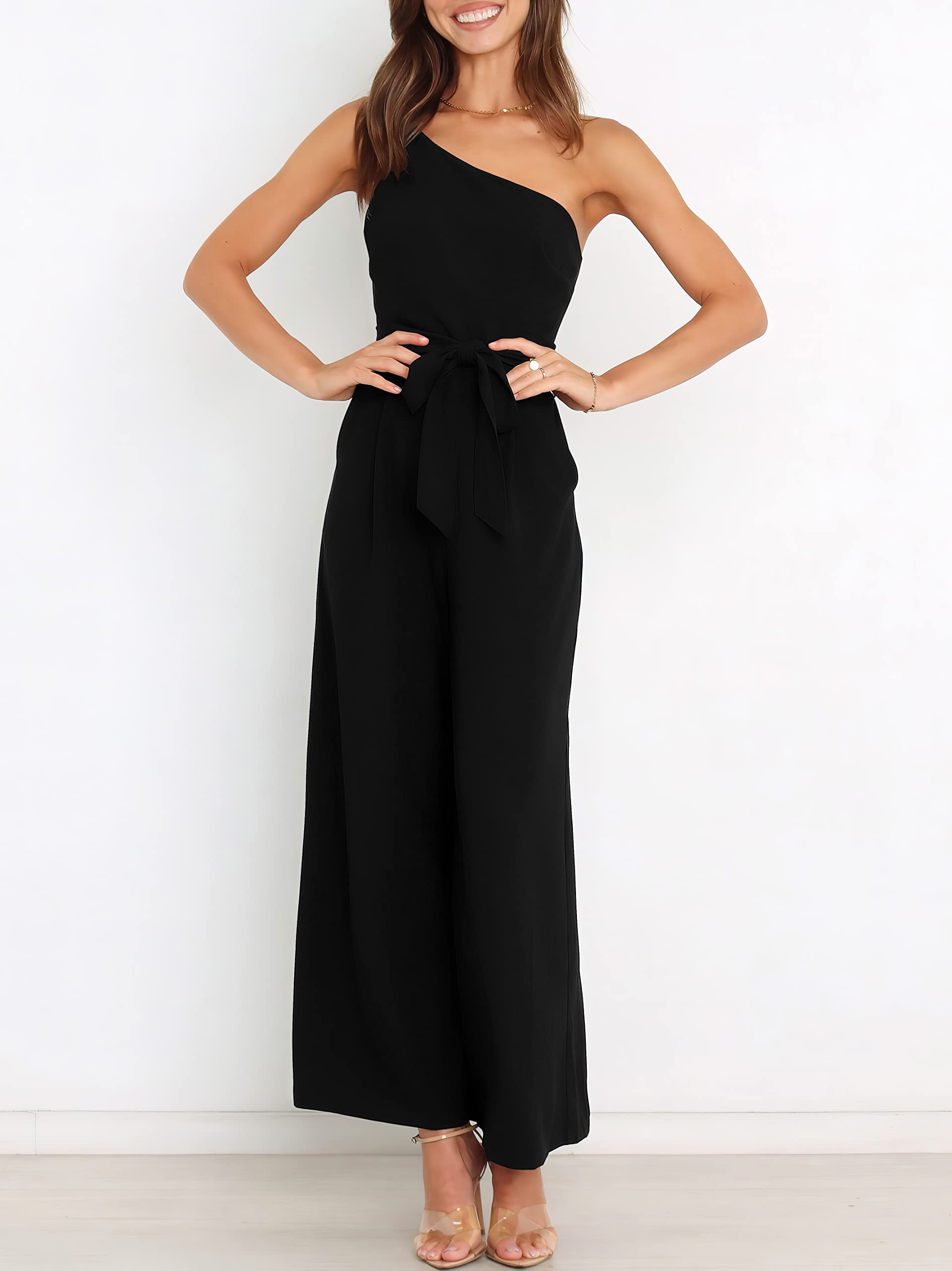 ANRABESS Women's One Shoulder Sleeveless Jumpsuit - Summer Wide Leg Romper with Belt | Casual Dressy Outfit for Beach, Party & Vacation | Trendy 2025 Fashion