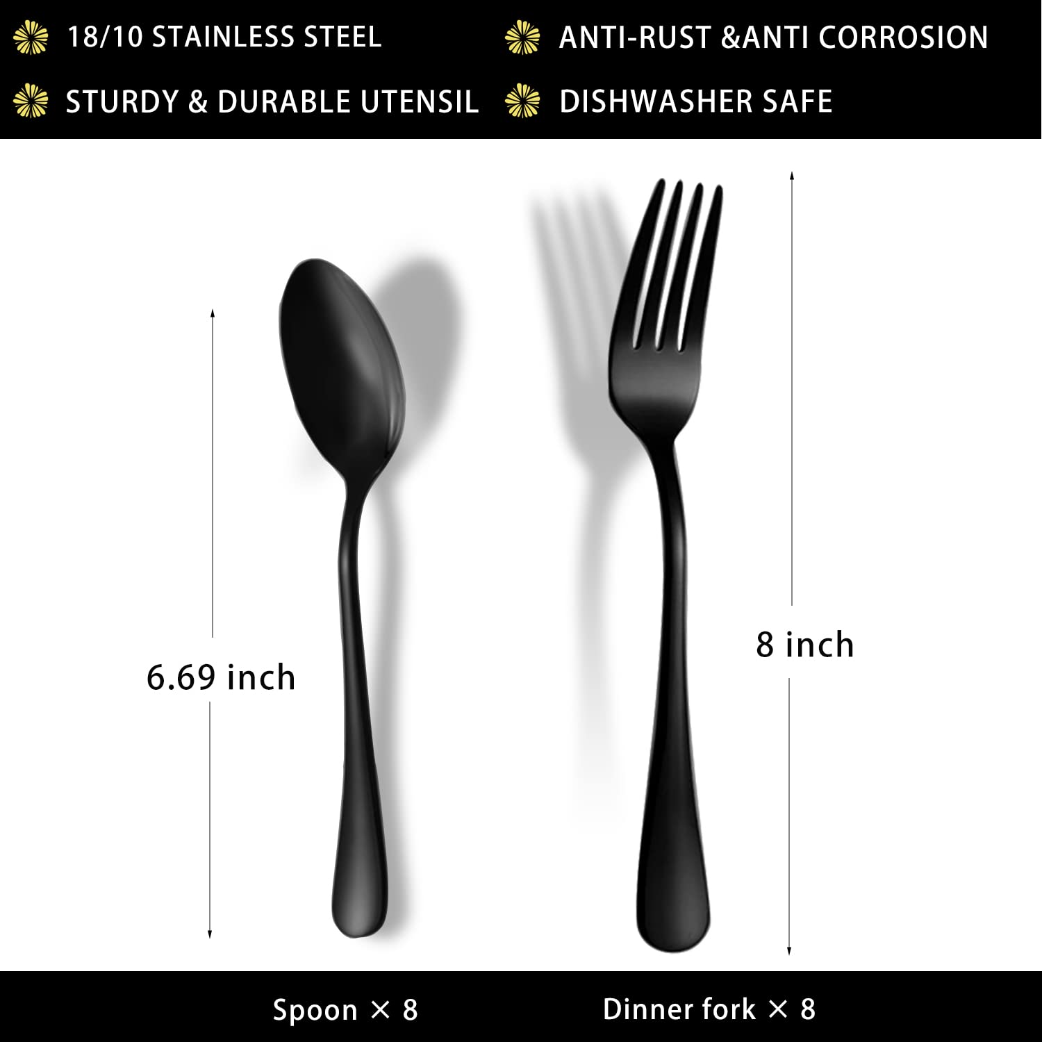 Premium 16-Piece Stainless Steel Cutlery Set - 8 Black Forks & Spoons (8