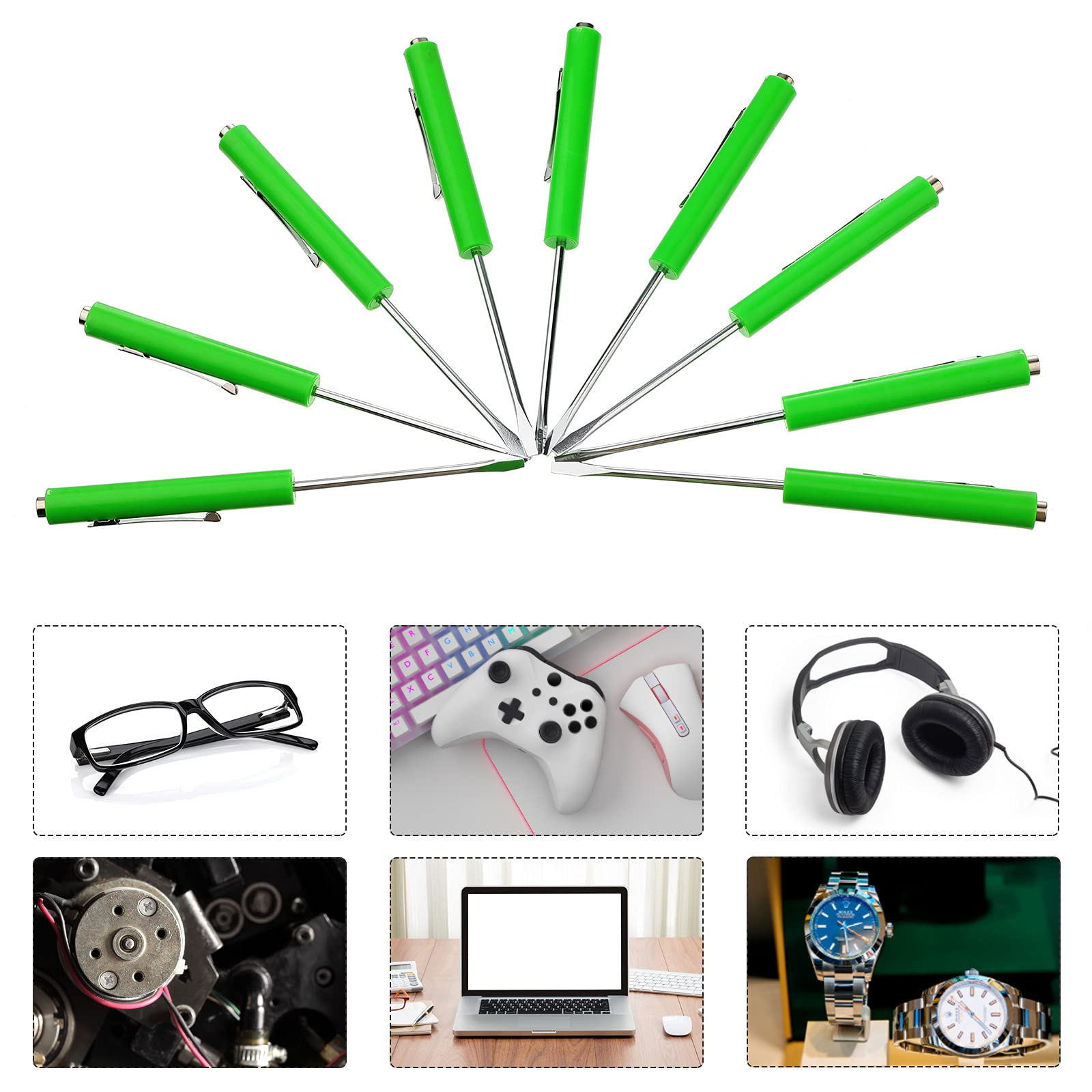 Honoson 10-Piece Magnetic Pocket Screwdriver Set - Mini Slotted Screwdrivers with Pocket Clips for Mechanical & Electrical Repairs (Green) - Perfect for DIY, Home Improvement, and Professional Tool Kits