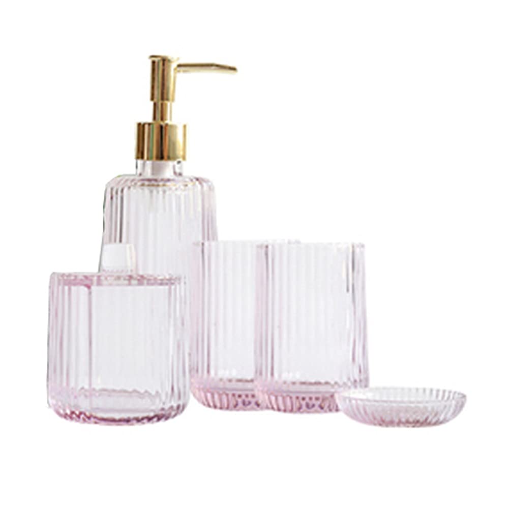 YUHUAWF 5-Piece Crystal Glass Soap Dispenser Set - Elegant Lotion Bottle, Wash Bottle, Mouthwash Cup, Cotton Swab Container & Soap Dish with Pump for Bathroom, Dorm & Vanity Organization (Pink) - Perfect for Home, Hotel & Spa Decor