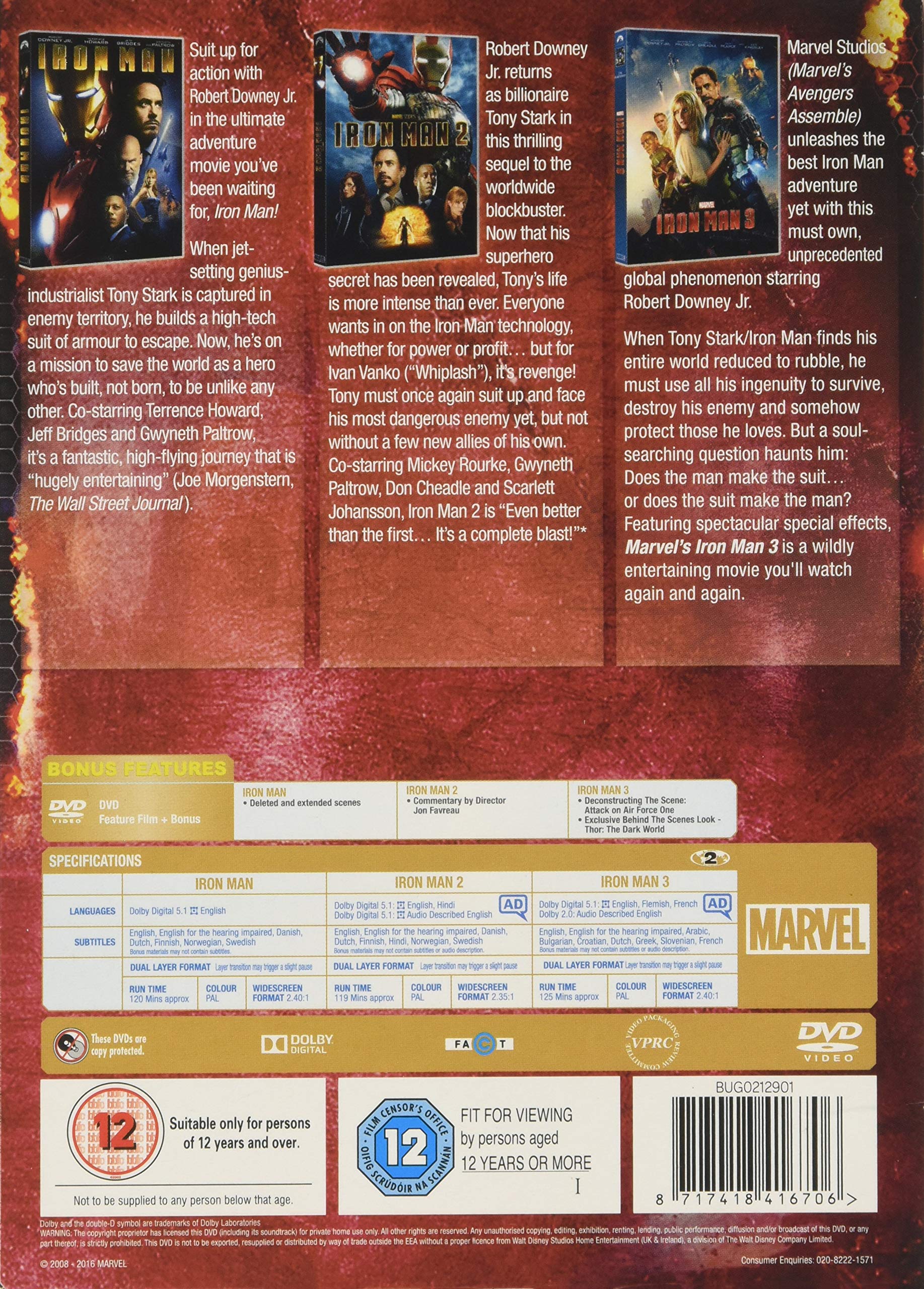 Iron Man 1-3 Movie Trilogy DVD Set - Marvel Superhero Action Films for Home Entertainment & Marvel Fans Collection