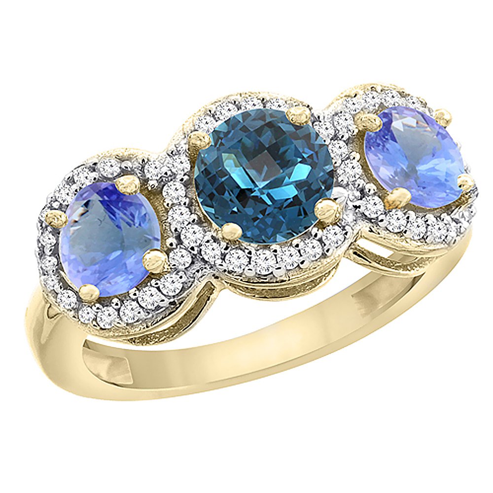 14K Yellow Gold Natural London Blue Topaz & Tanzanite Round 3-Stone Ring with Diamond Accents - Sizes 5-10 | Elegant Wedding, Anniversary, or Engagement Jewelry Gift for Women