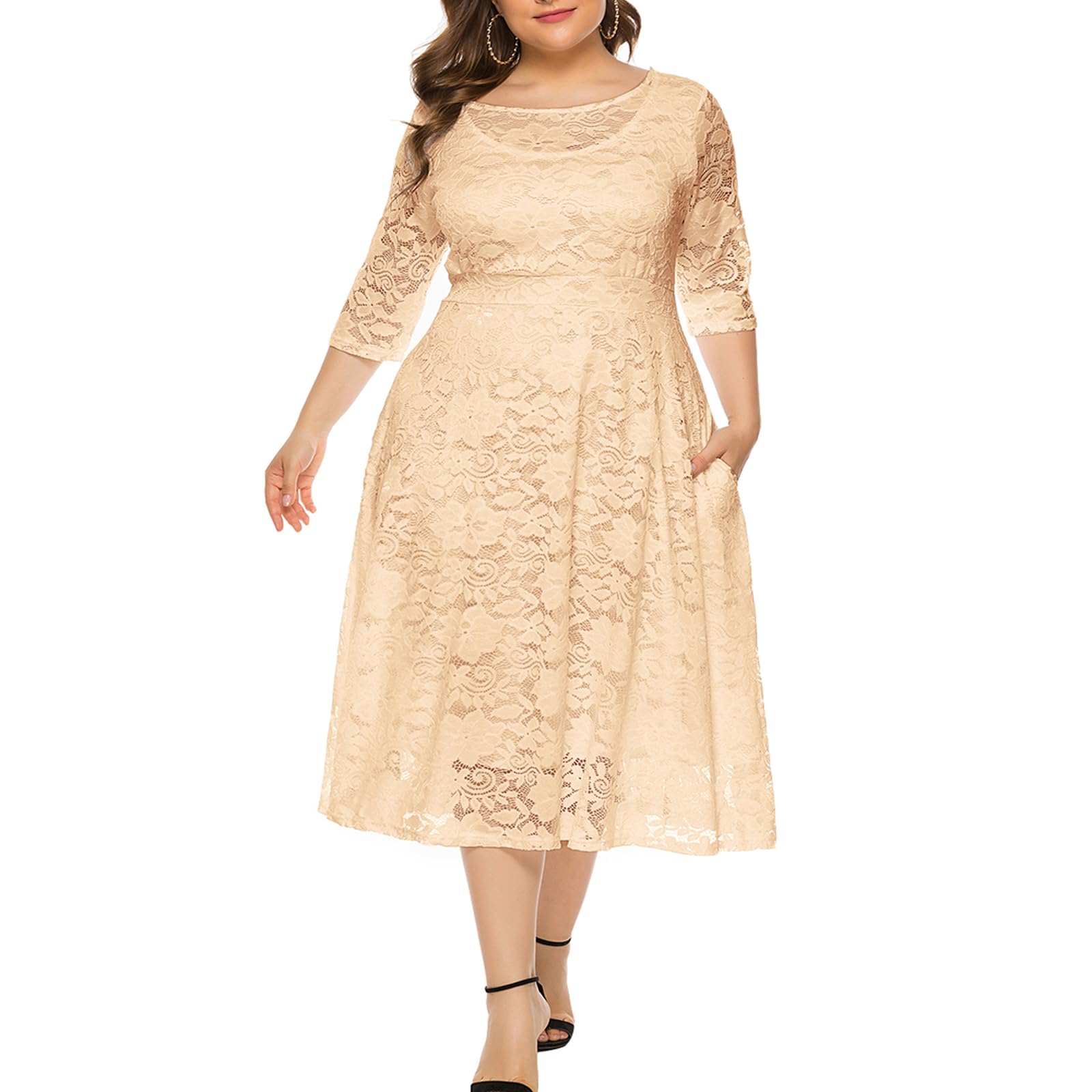 Eternatastic Women's Floral Lace Plus Size Midi Dress - Scoop Neck Cocktail Party Dress for Women, Elegant Wedding Guest Dress & Summer Garden Party Outfit