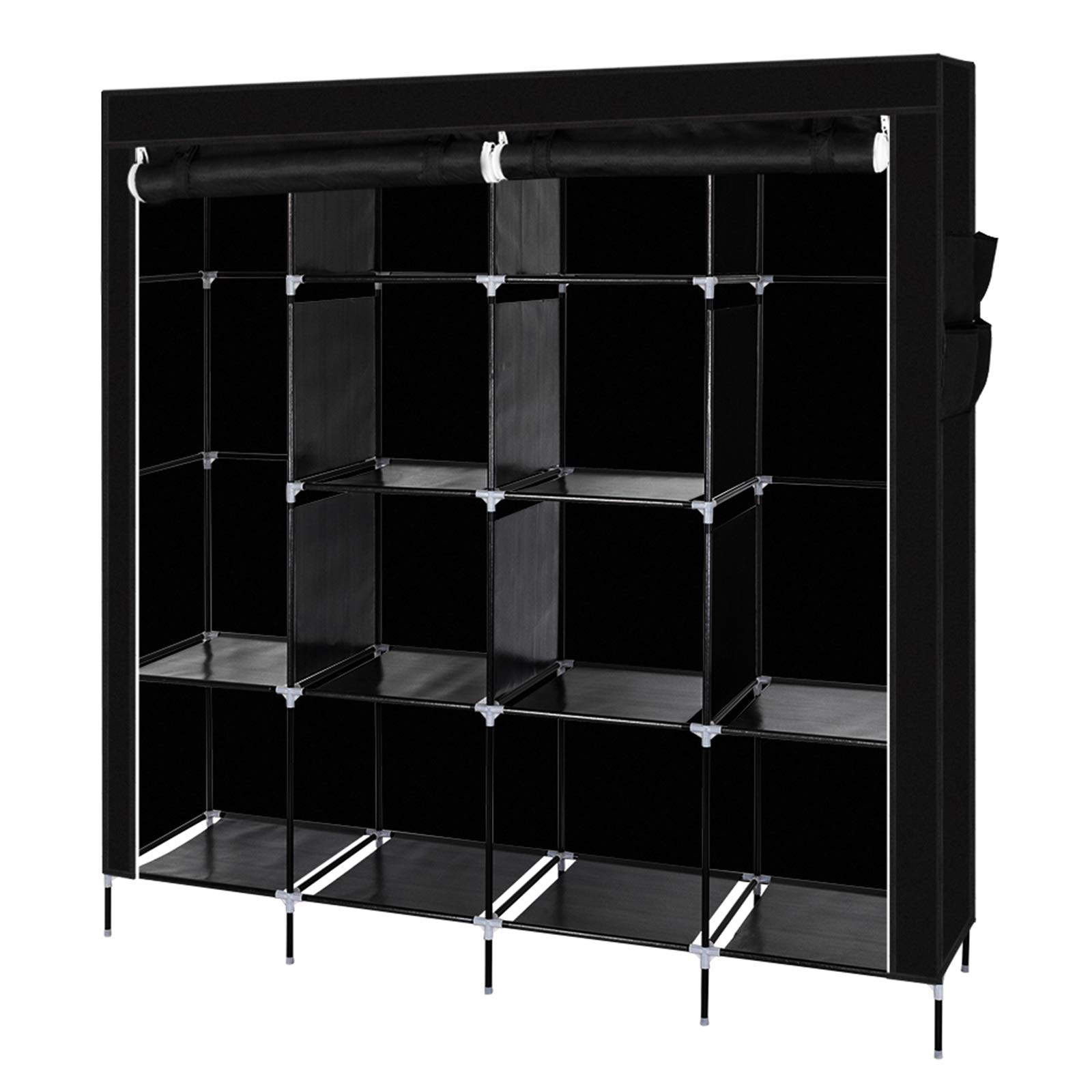 Mushugu 67 Inch Portable Wardrobe Closet - 12 Shelves & 4 Side Pockets for Clothes Storage | Space-Saving Organizer for Bedroom, Living Room, Dorm, Apartment | Heavy-Duty Garment Rack with Black Finish
