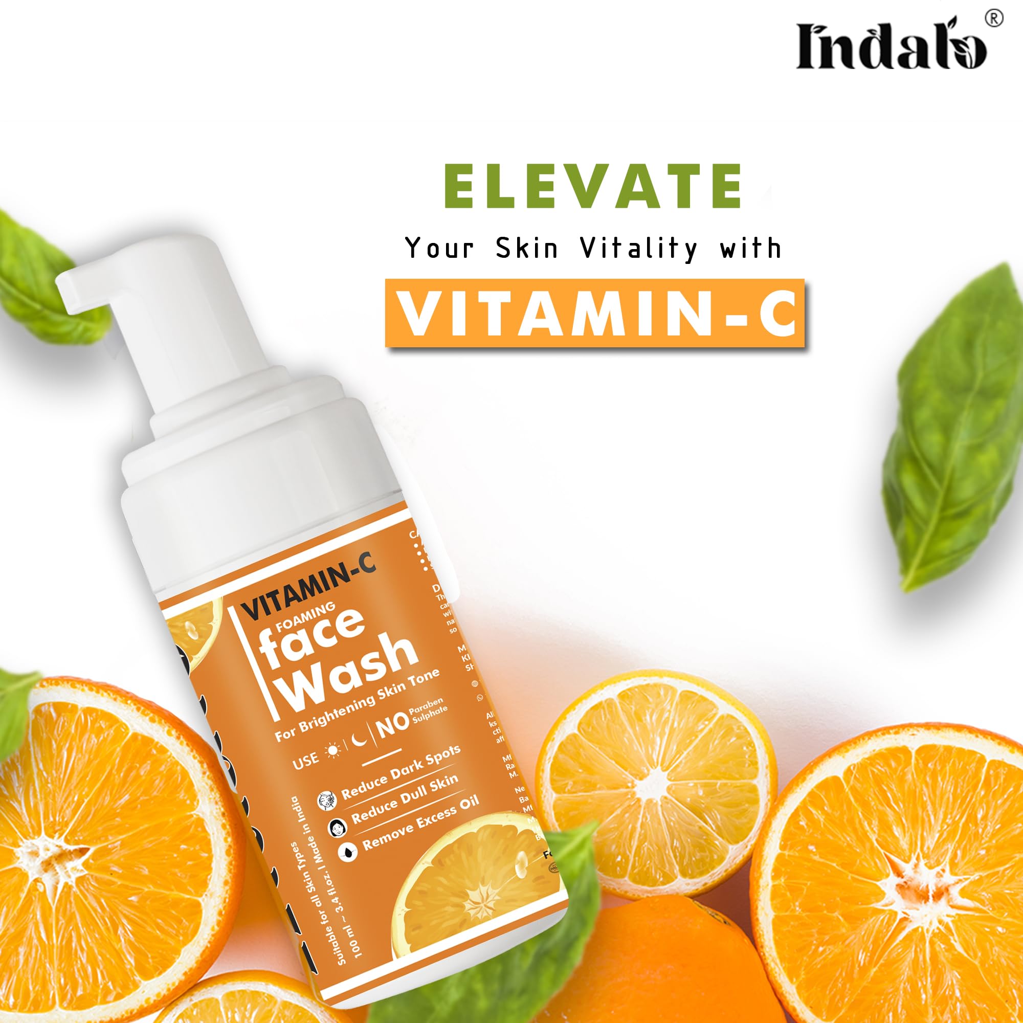 Indalo Vitamin C Foaming Face Wash with Aloe Vera Extract - Brightening & Hydrating Cleanser for All Skin Types (100ml) | Gentle Daily Facial Cleanser for Glowing Skin, Acne-Prone & Sensitive Skin Care Routine