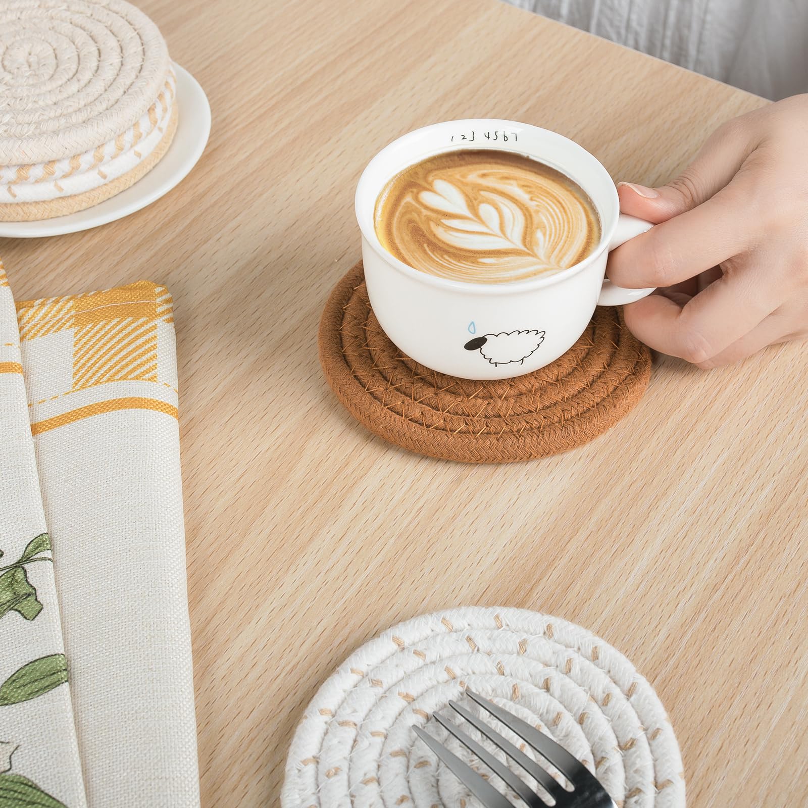 12 Pcs Boho Drink Coasters - Minimalist Cotton Handmade Woven Absorbent Coasters, Heat Resistant for Coffee, Tea & Beverages | Perfect for Kitchen, Dining Table, Home Decor & Housewarming Gifts