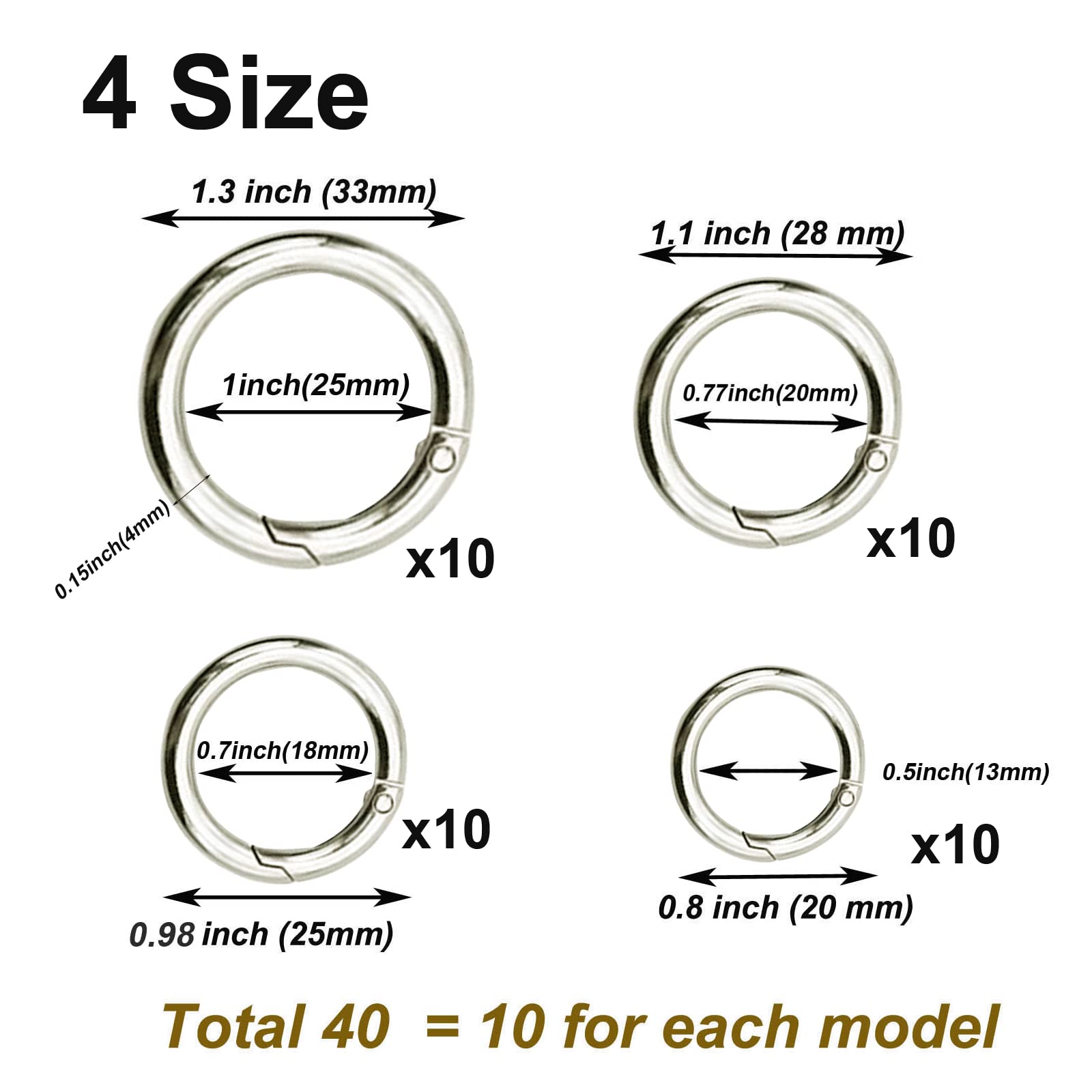 40 Pcs Zinc Alloy Spring O Rings - 4 Sizes (0.8, 0.98, 1.1, 1.3 Inch) Silver Carabiner Snap Hooks for Keychains, Handbags, Dog Leashes & DIY Crafts - Durable Multi-Purpose Trigger Rings for Outdoor Gear & Home Organization